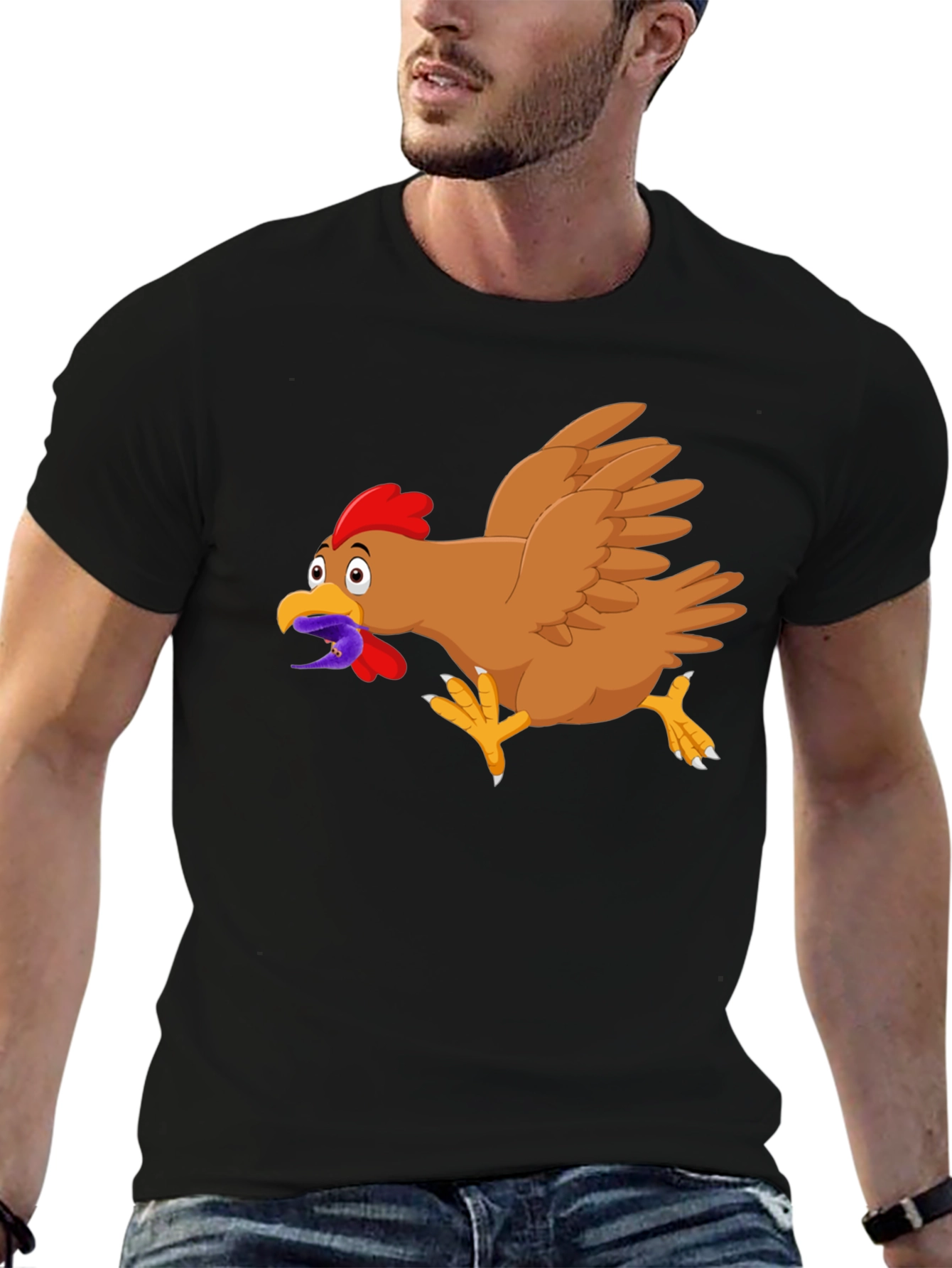 Funny Chicken Worm Cartoon Black T-Shirt
