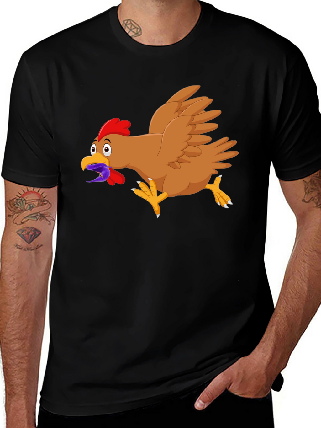 Funny Chicken Worm Cartoon Black T-Shirt