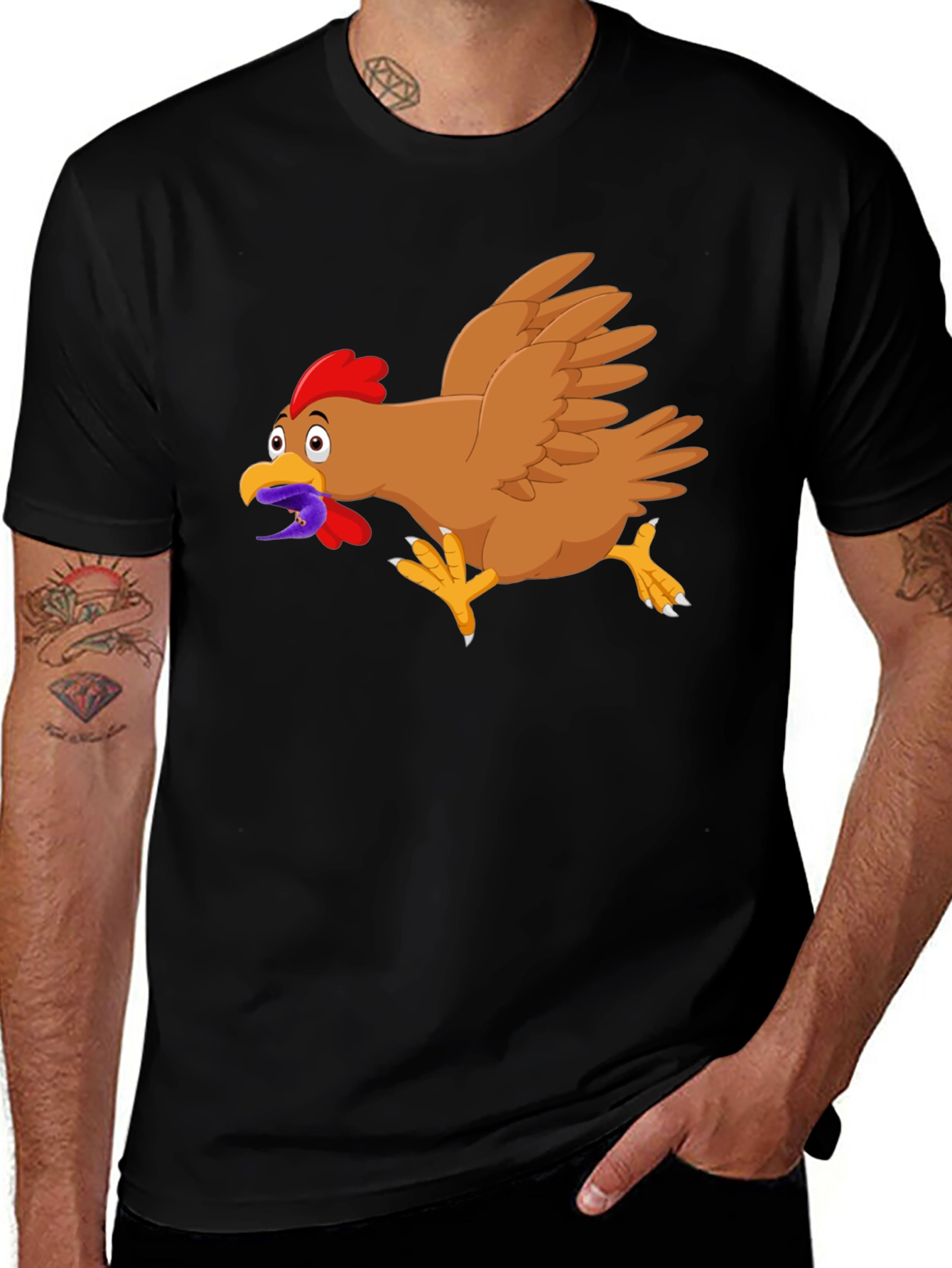 Funny Chicken Worm Cartoon Black T-Shirt