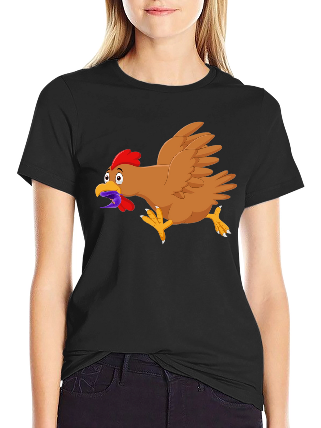 Funny Chicken Worm Cartoon Black T-Shirt