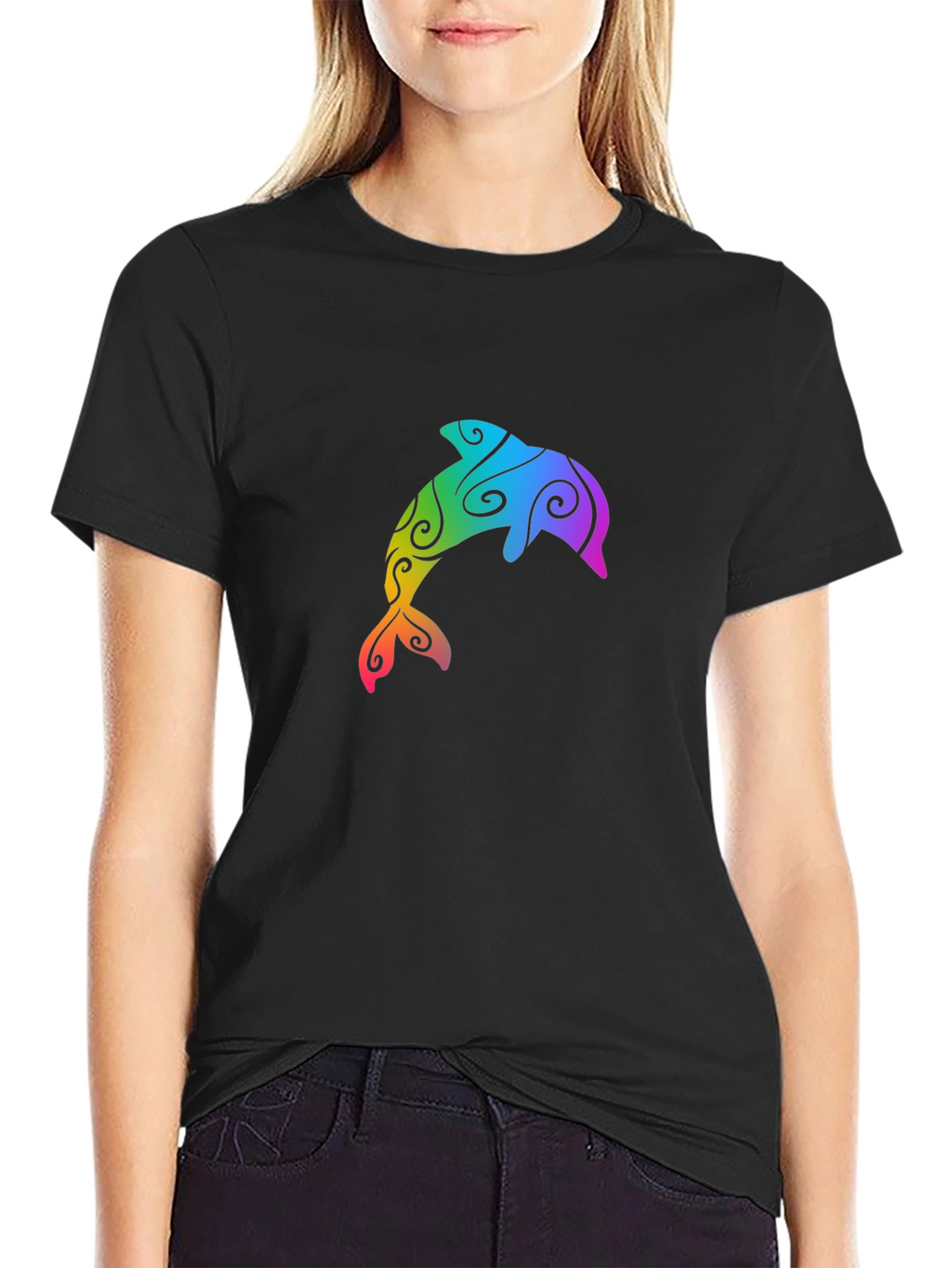 Rainbow Dolphin Graphic Tee - Black T-Shirt