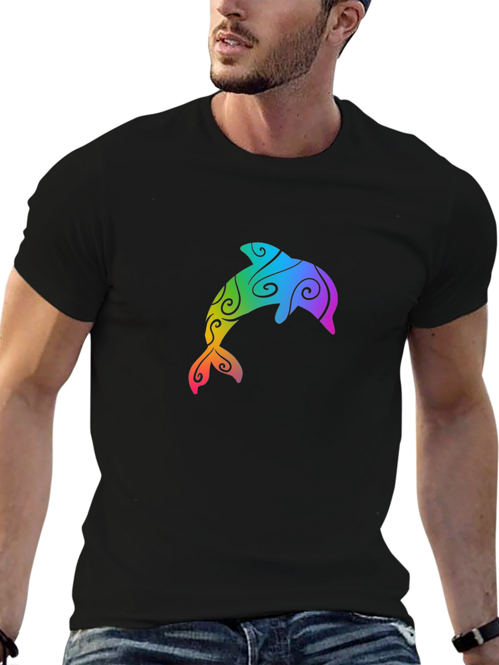 Rainbow Dolphin Graphic Tee - Black T-Shirt