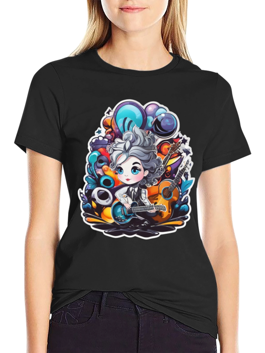 Cartoon Guitarist Black T-Shirt