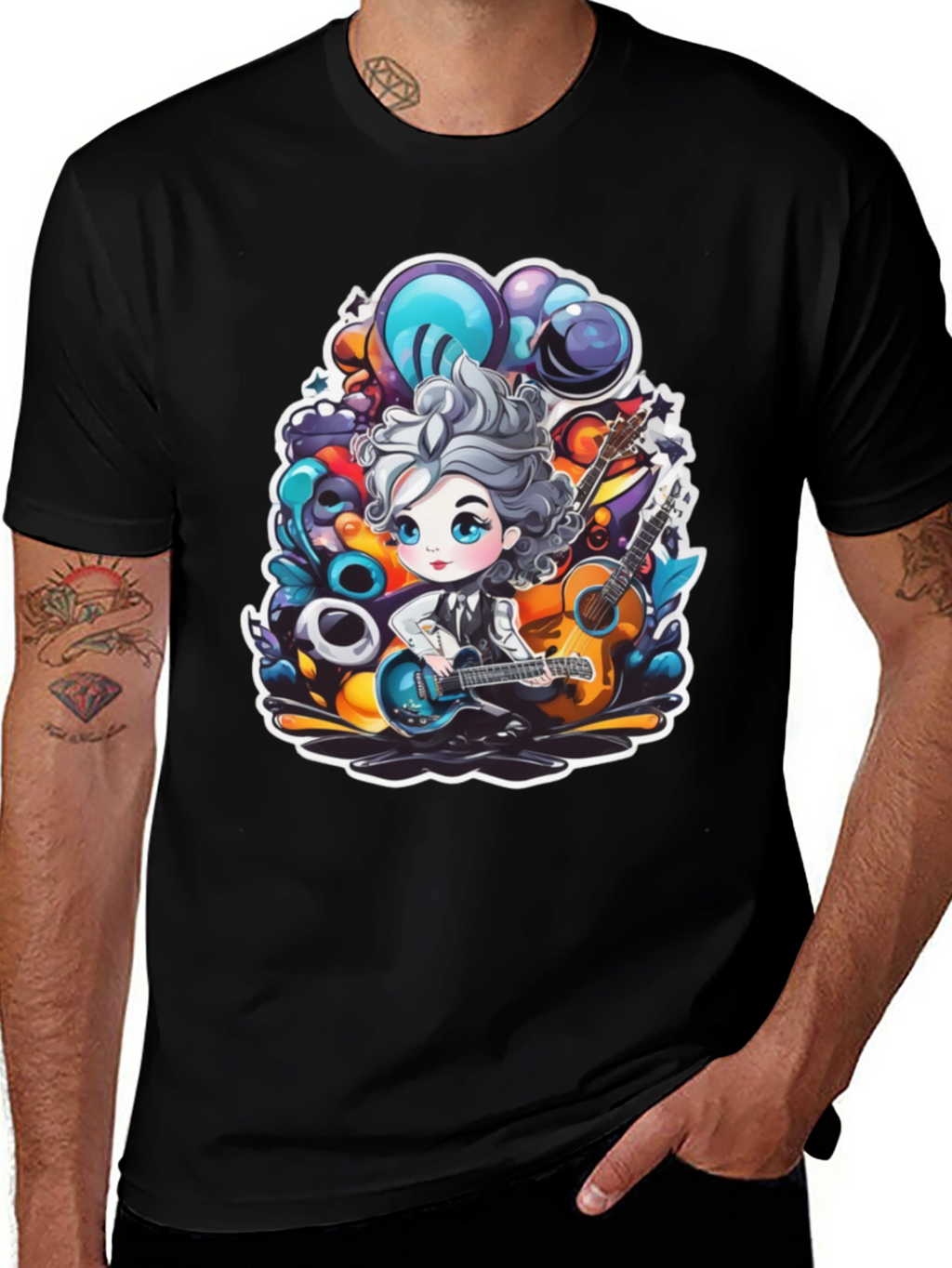 Cartoon Guitarist Black T-Shirt