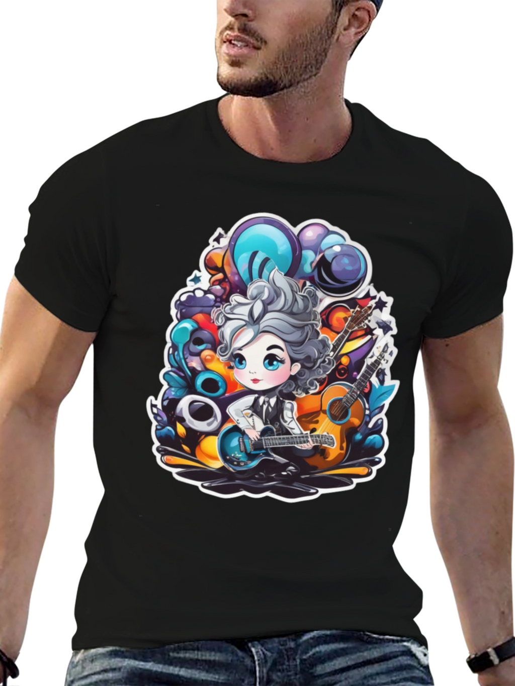 Cartoon Guitarist Black T-Shirt