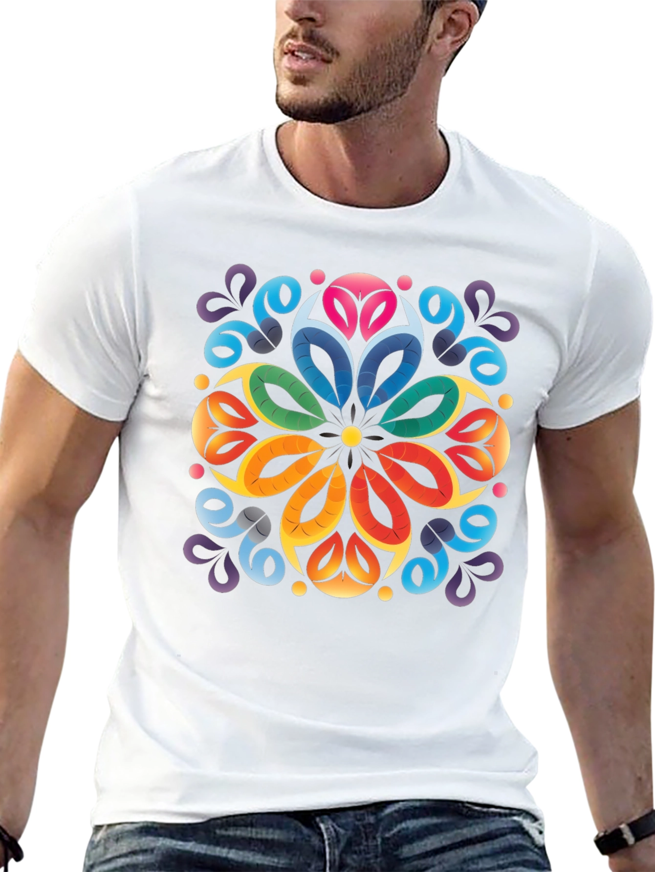 Colorful Floral Mandala Black T-Shirt
