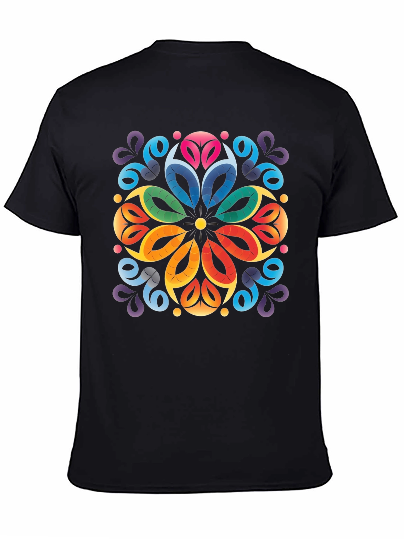 Colorful Floral Mandala Black T-Shirt
