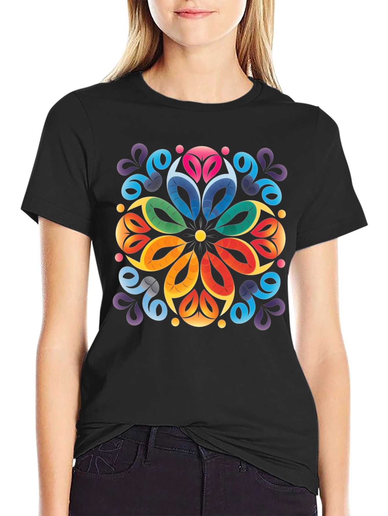 Colorful Floral Mandala Black T-Shirt
