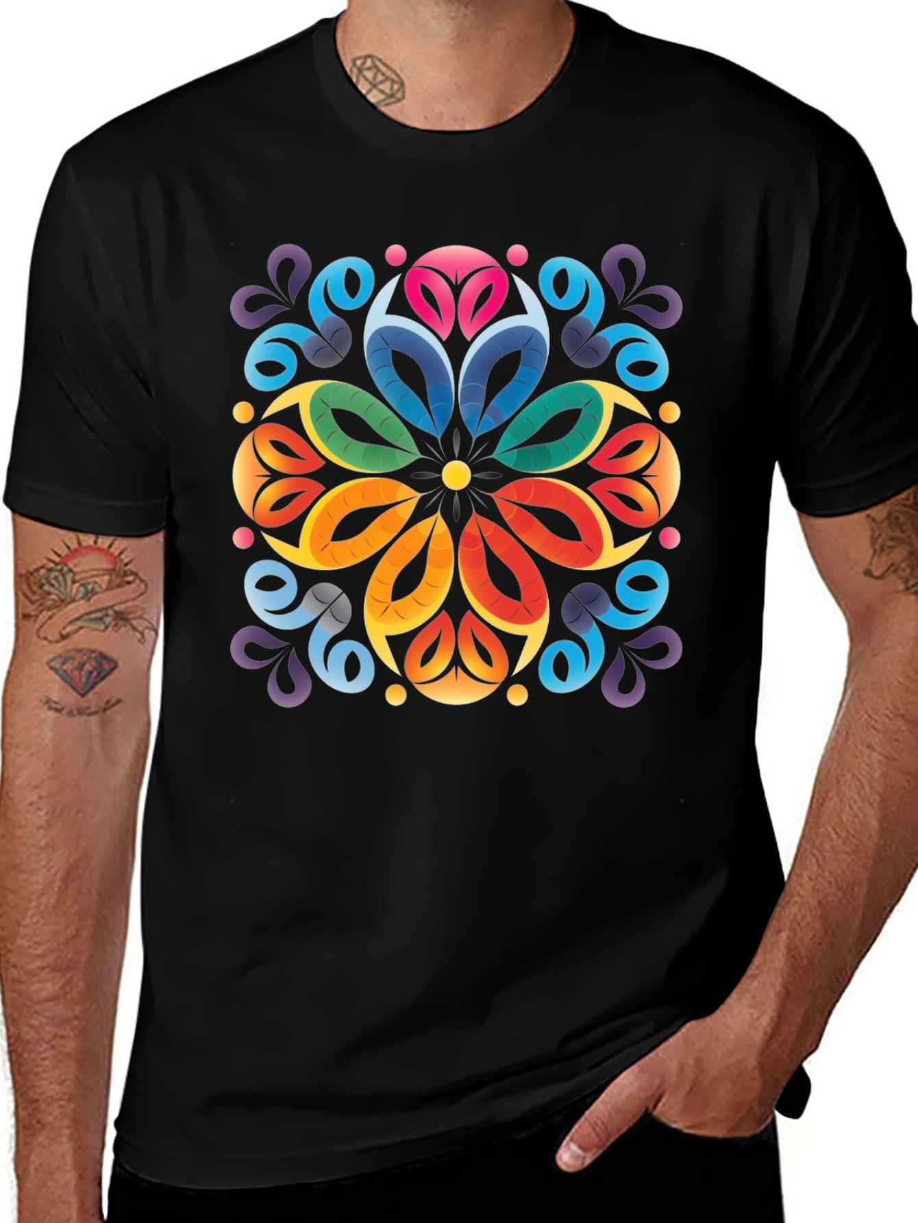 Colorful Floral Mandala Black T-Shirt
