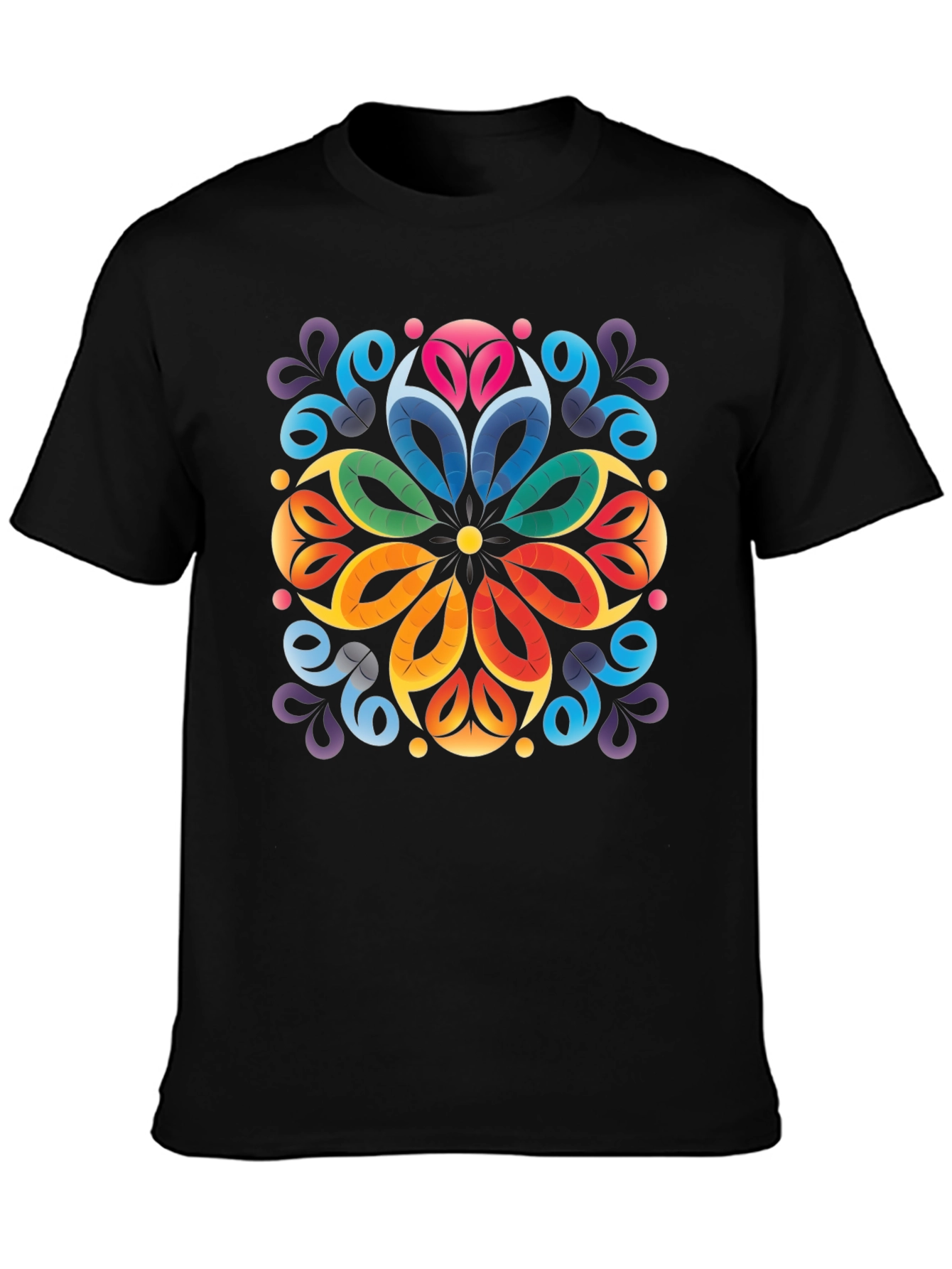 Colorful Floral Mandala Black T-Shirt