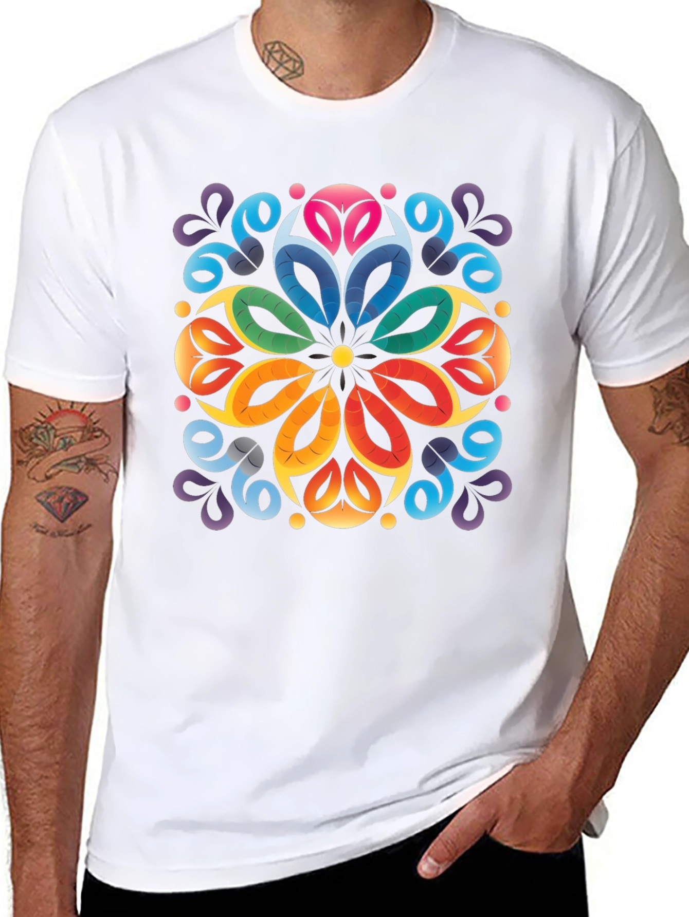 Colorful Floral Mandala Black T-Shirt