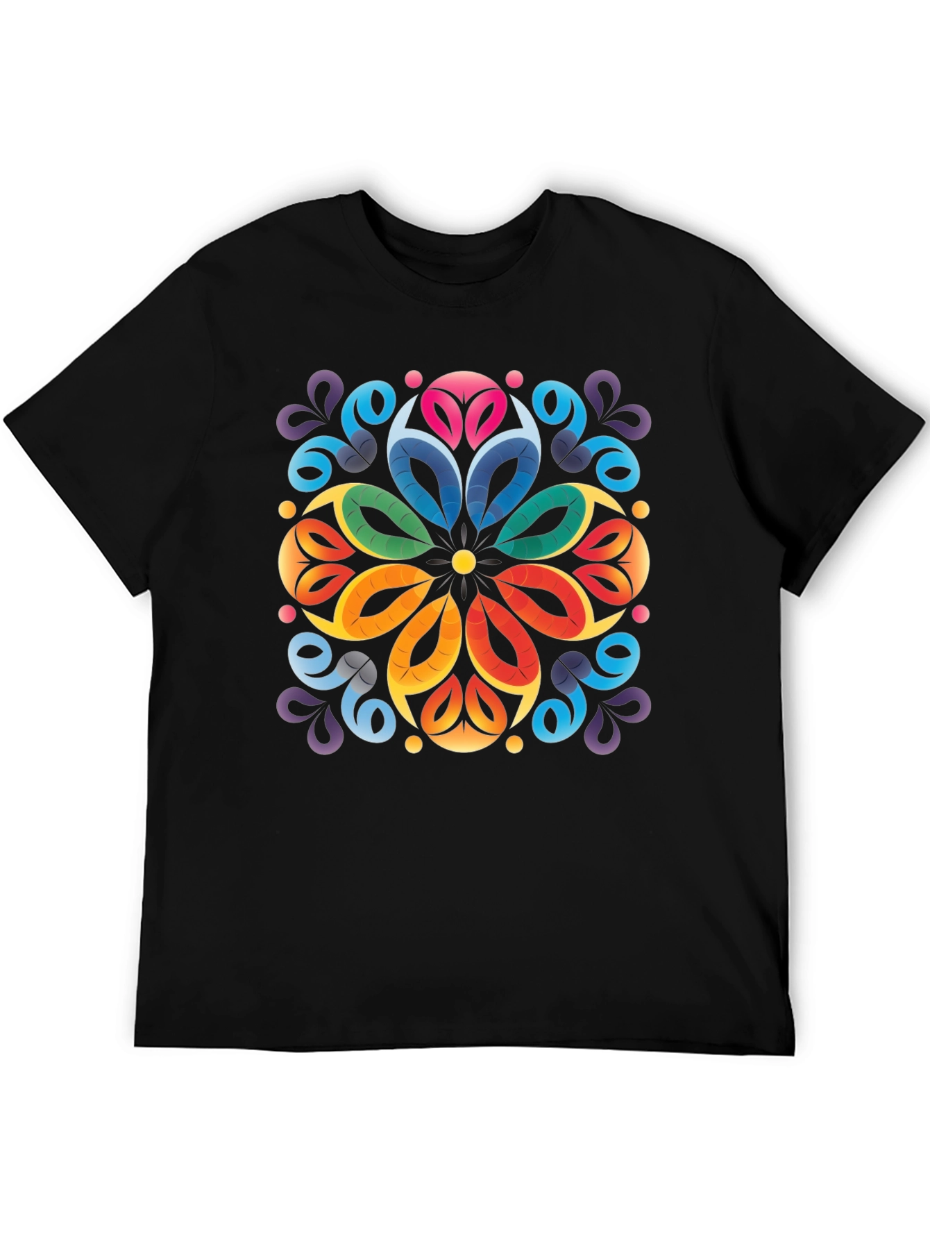 Colorful Floral Mandala Black T-Shirt