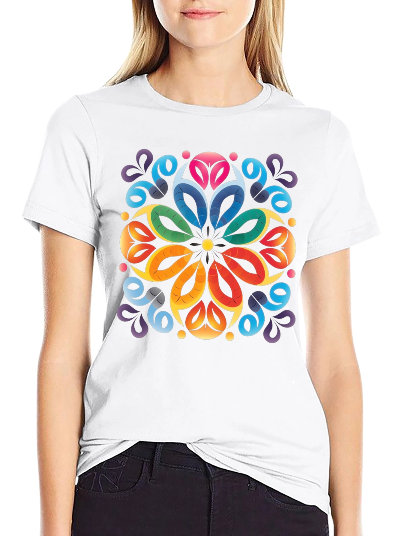 Colorful Floral Mandala Black T-Shirt