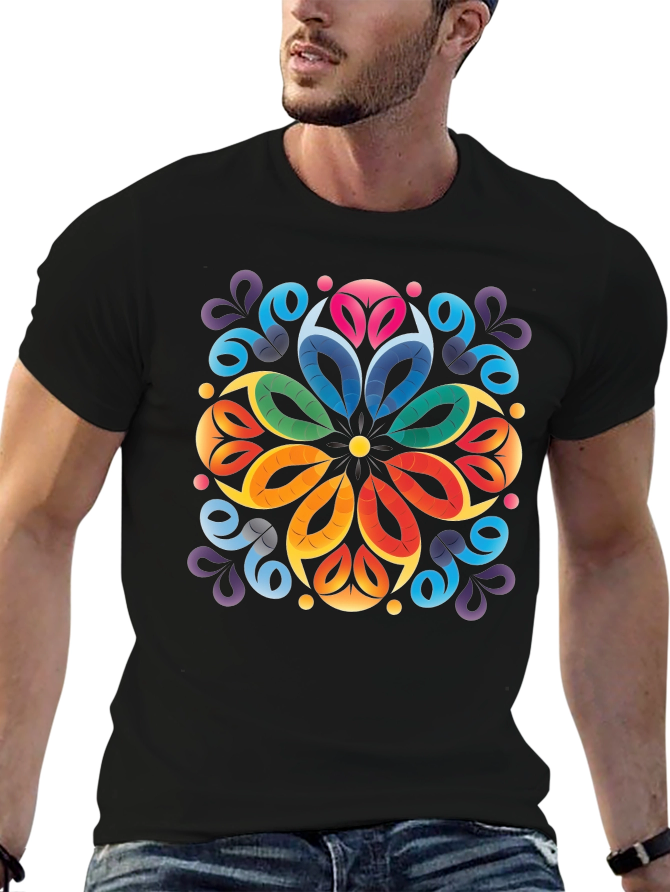 Colorful Floral Mandala Black T-Shirt