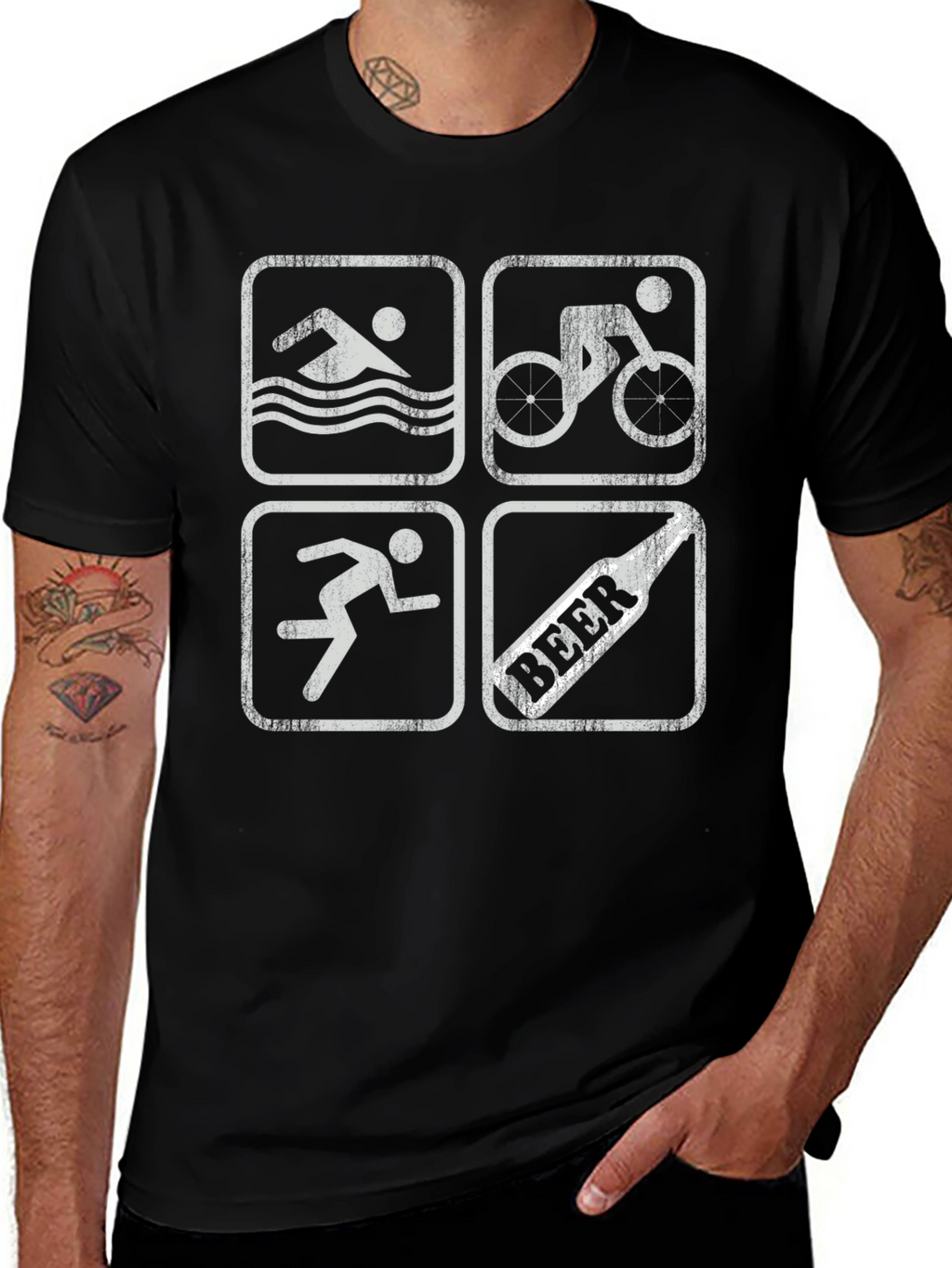 Triathlon Swimmer Biker Runner Beer Black T-Shirt