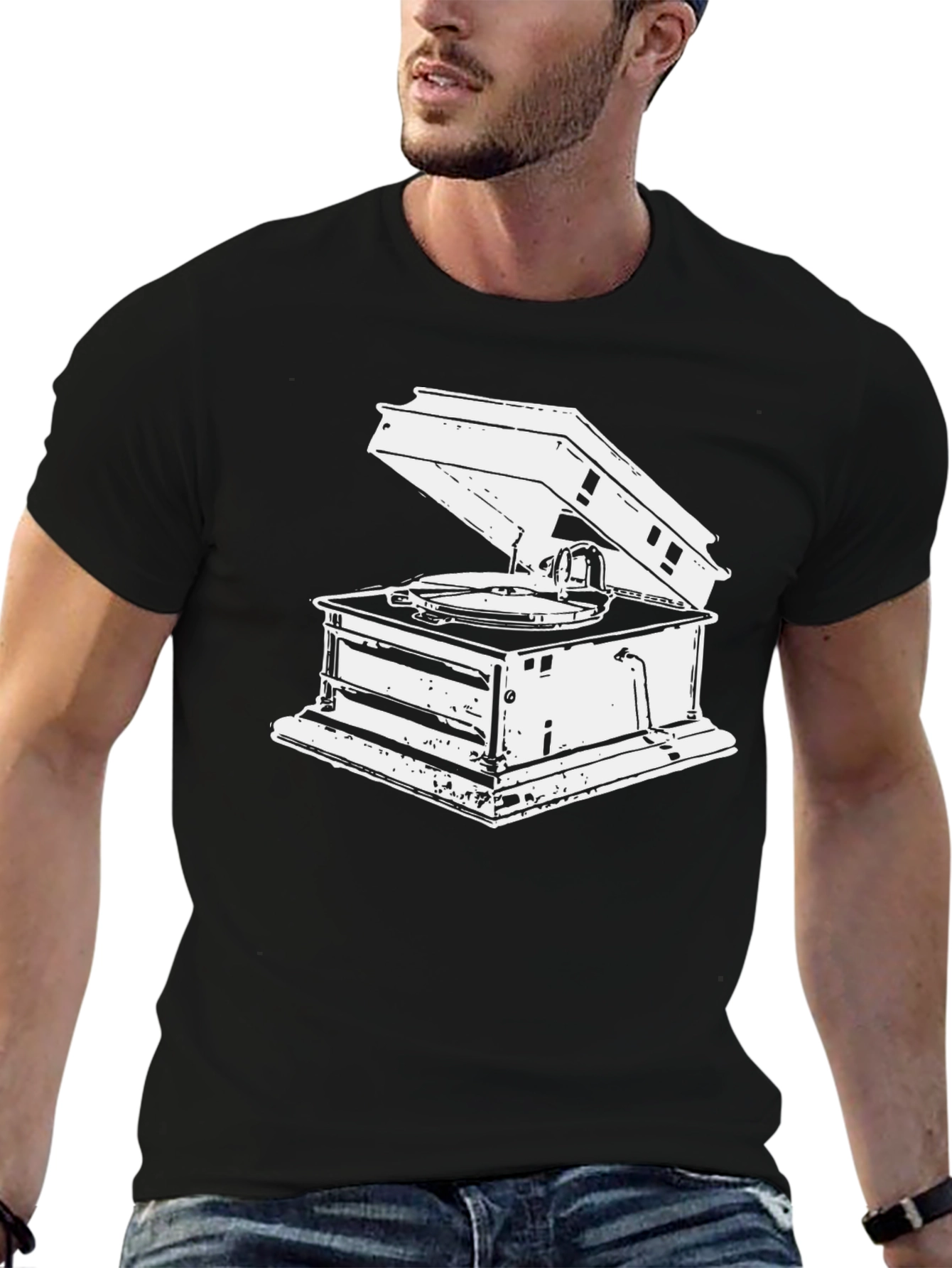 Vintage Gramophone Graphic Tee - Black Cotton T-Shirt