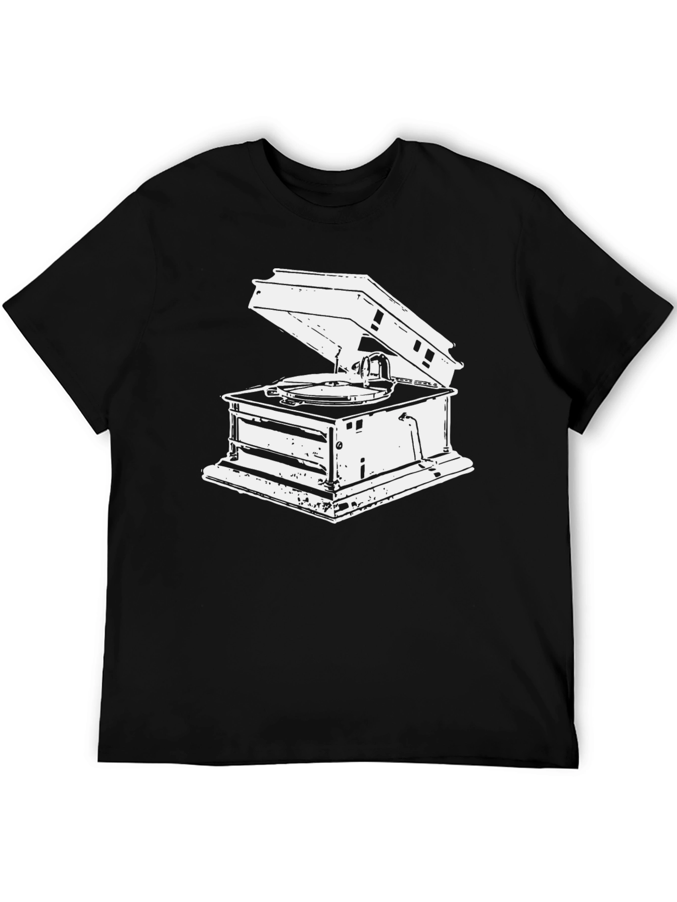 Vintage Gramophone Graphic Tee - Black Cotton T-Shirt