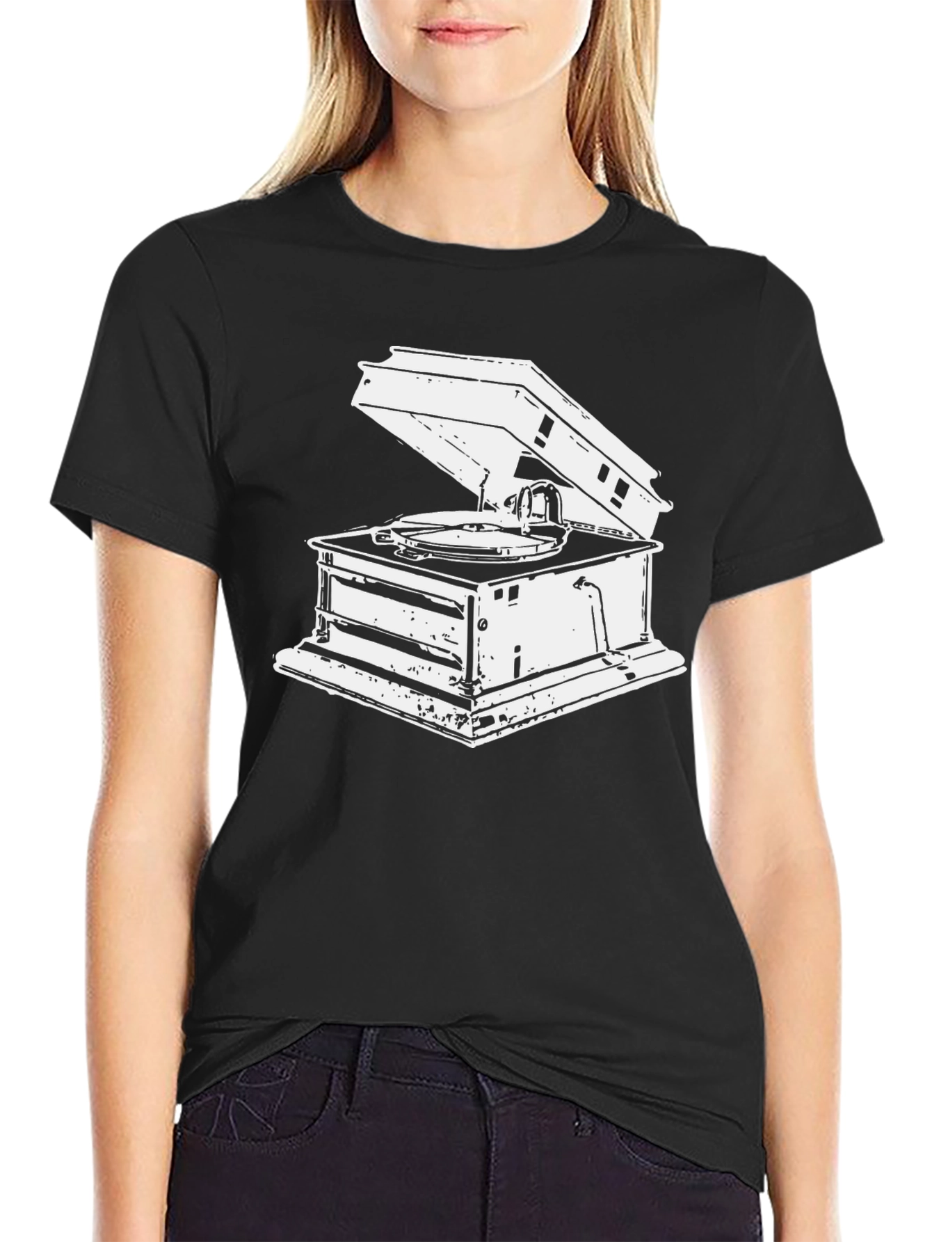 Vintage Gramophone Graphic Tee - Black Cotton T-Shirt