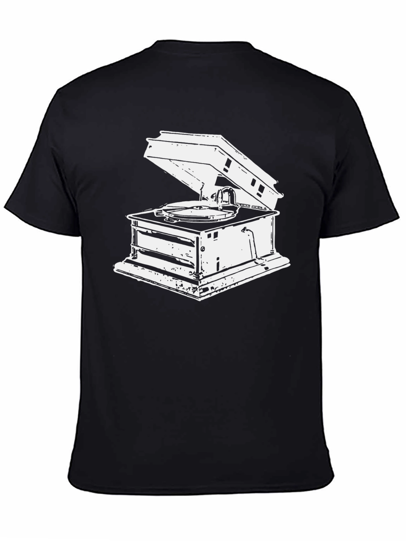 Vintage Gramophone Graphic Tee - Black Cotton T-Shirt