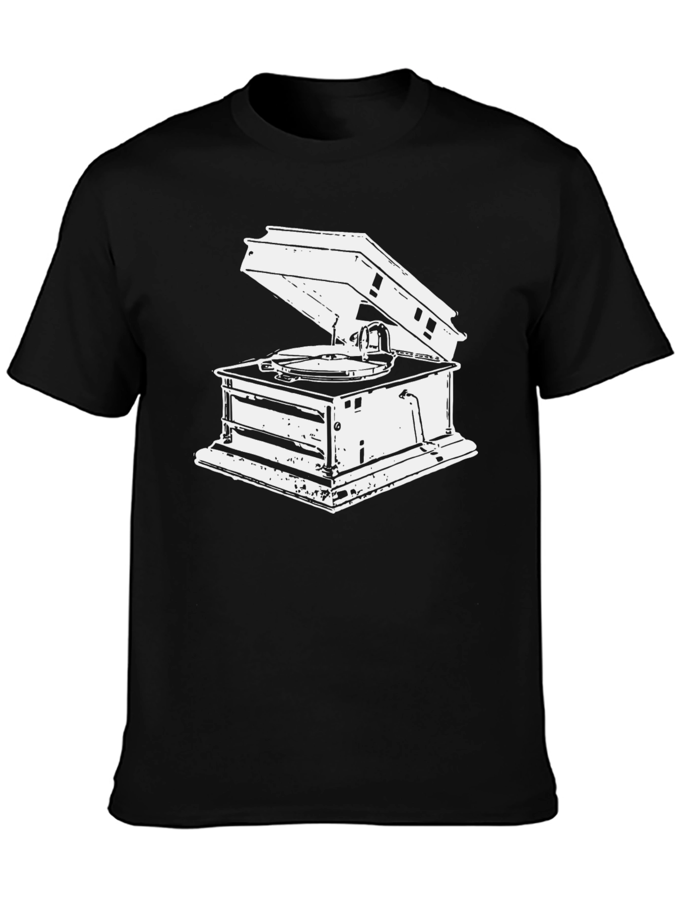 Vintage Gramophone Graphic Tee - Black Cotton T-Shirt