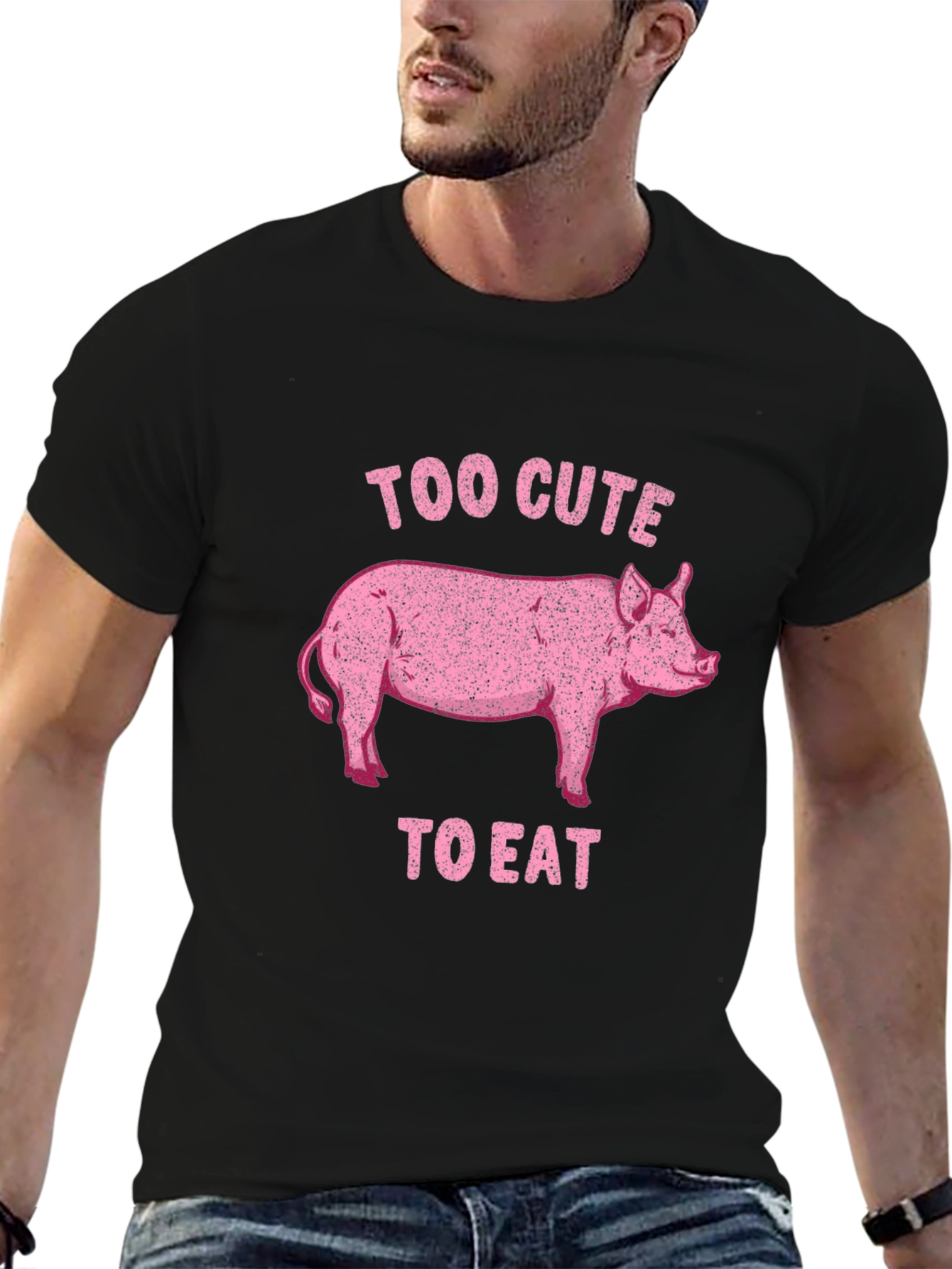Too Cute to Eat Pig Graphic Black T-Shirt