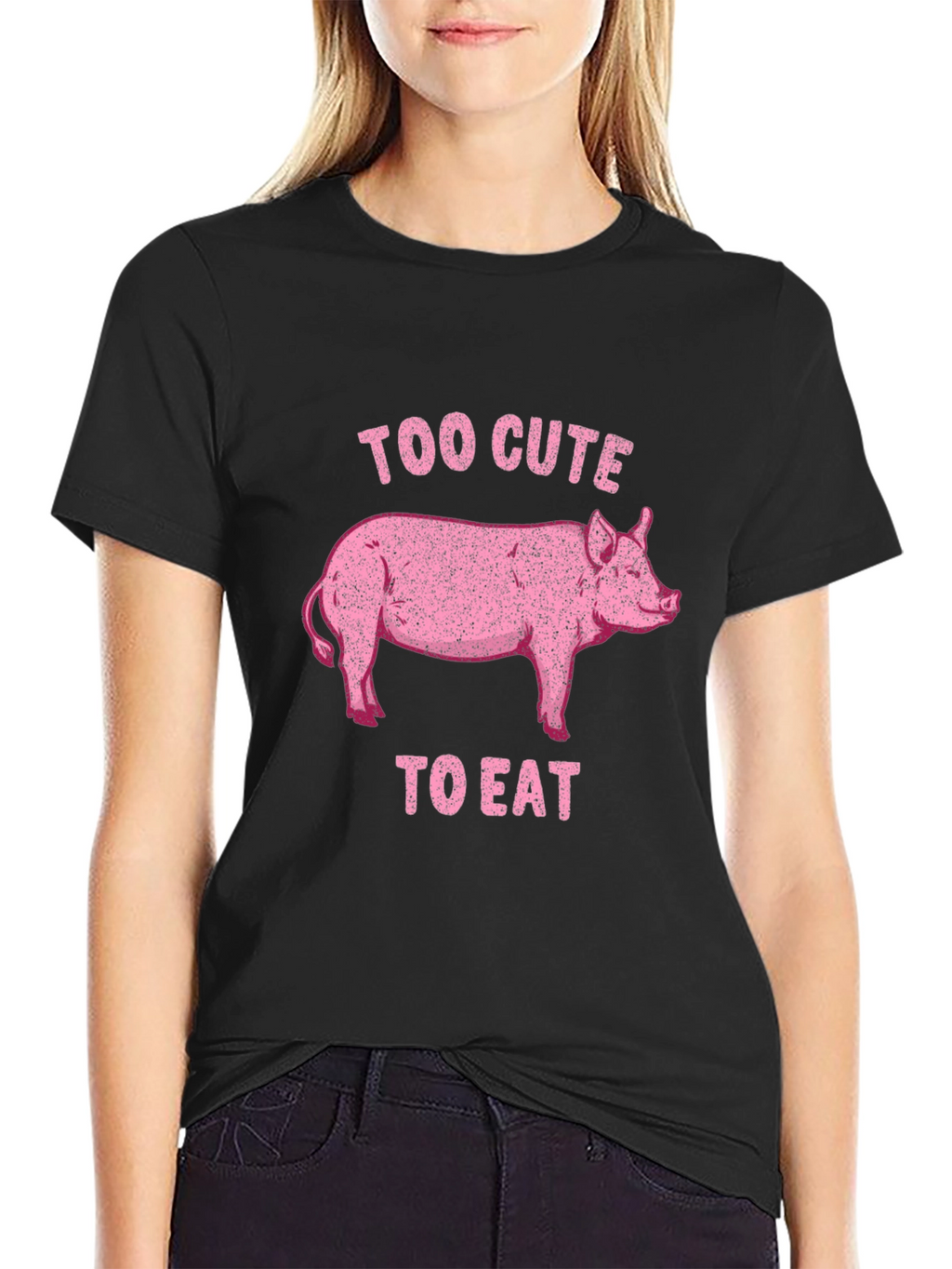 Too Cute to Eat Pig Graphic Black T-Shirt