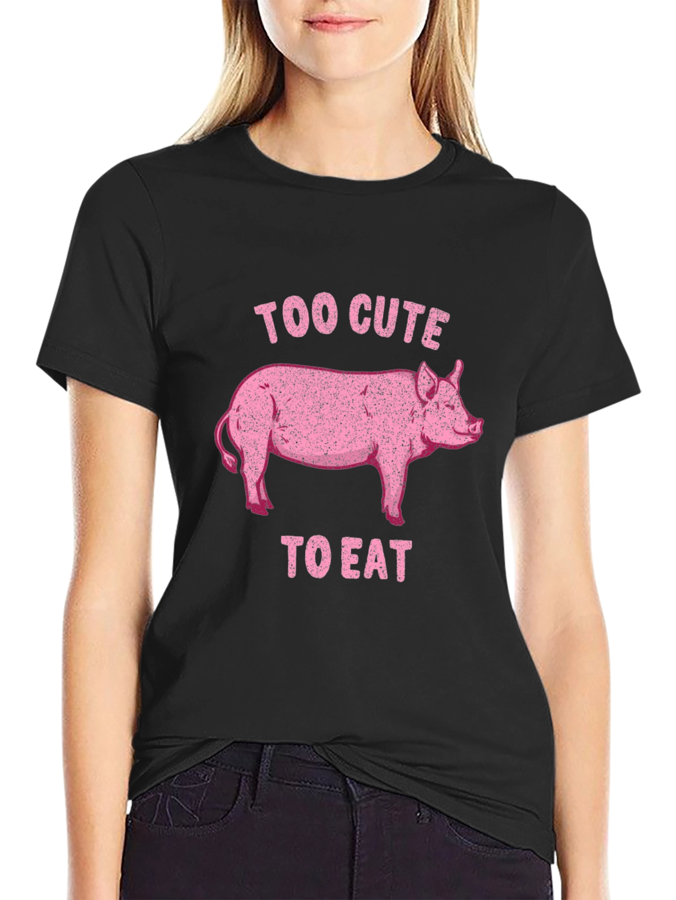 Too Cute to Eat Pig Graphic Black T-Shirt