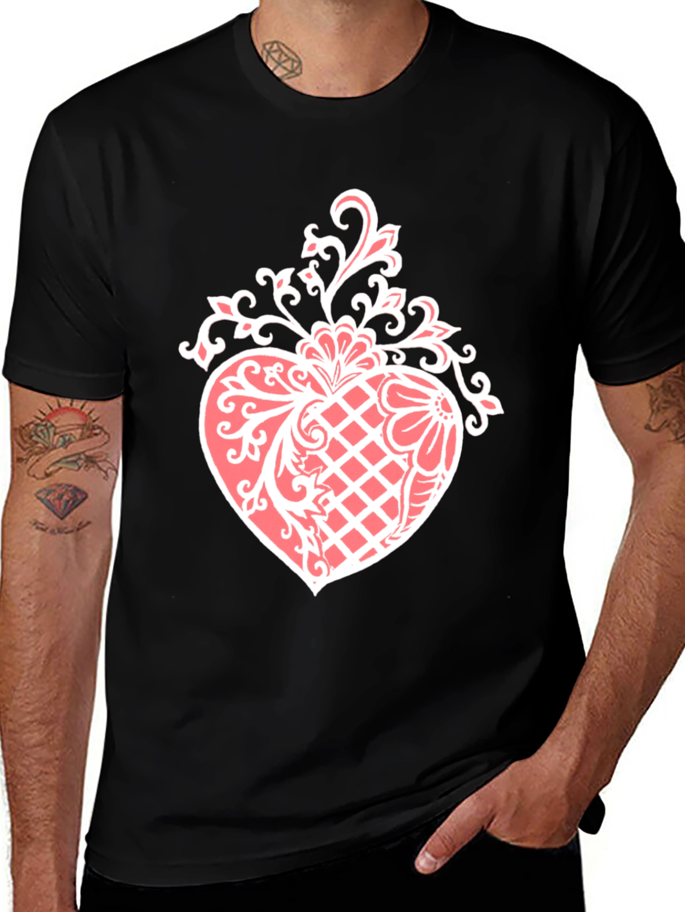 Elegant Heart Graphic Tee - Stylish Black Cotton Blend Shirt