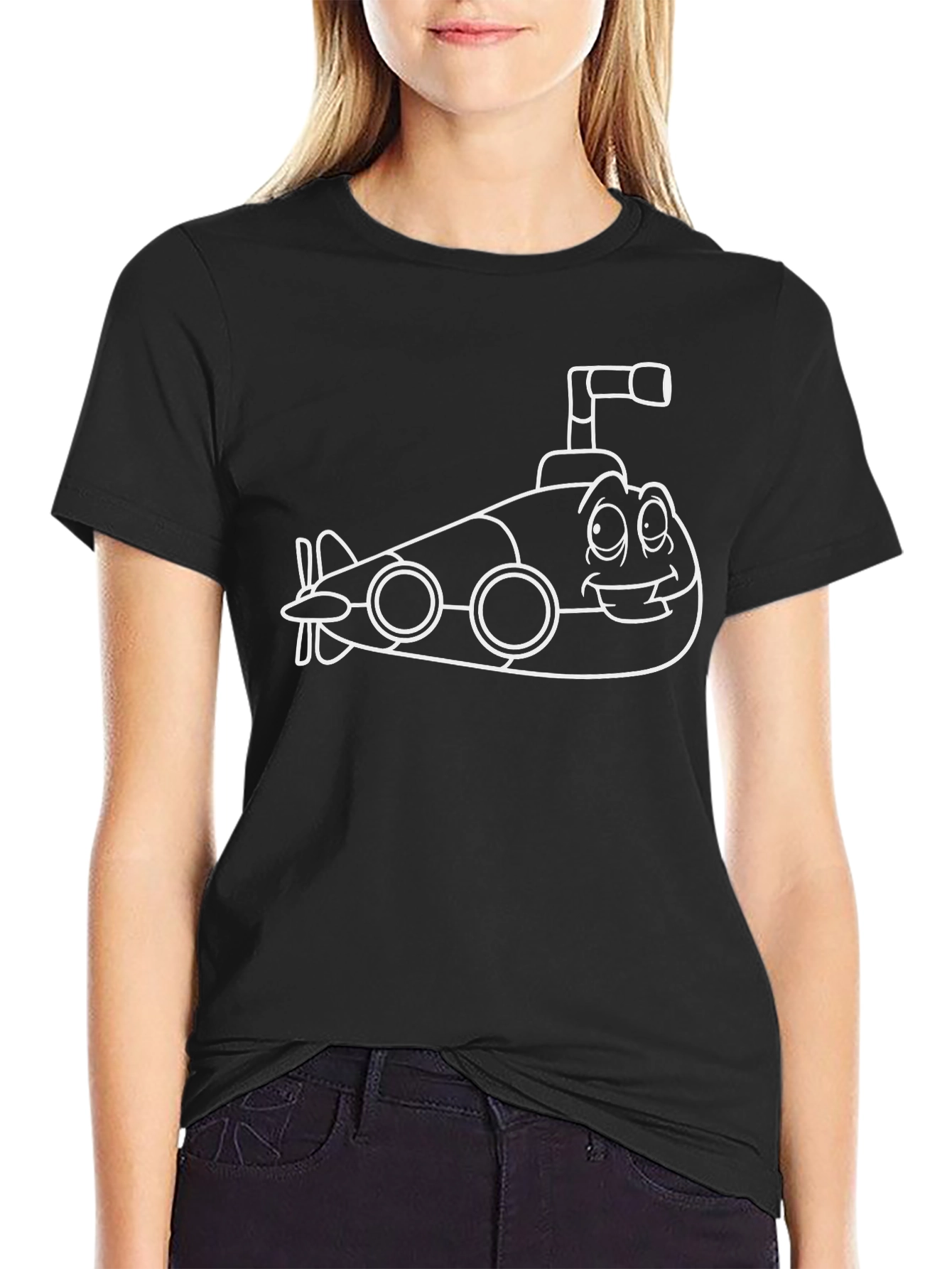 Cartoon Submarine Graphic Tee - Black