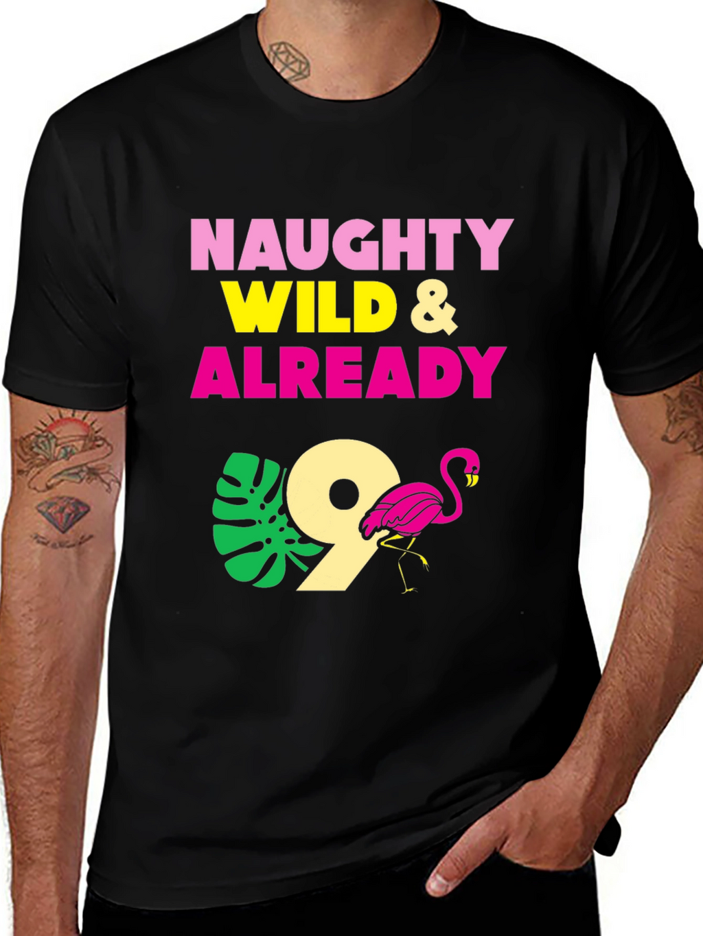 Naughty Wild & Already 9 Flamingo Birthday T-Shirt