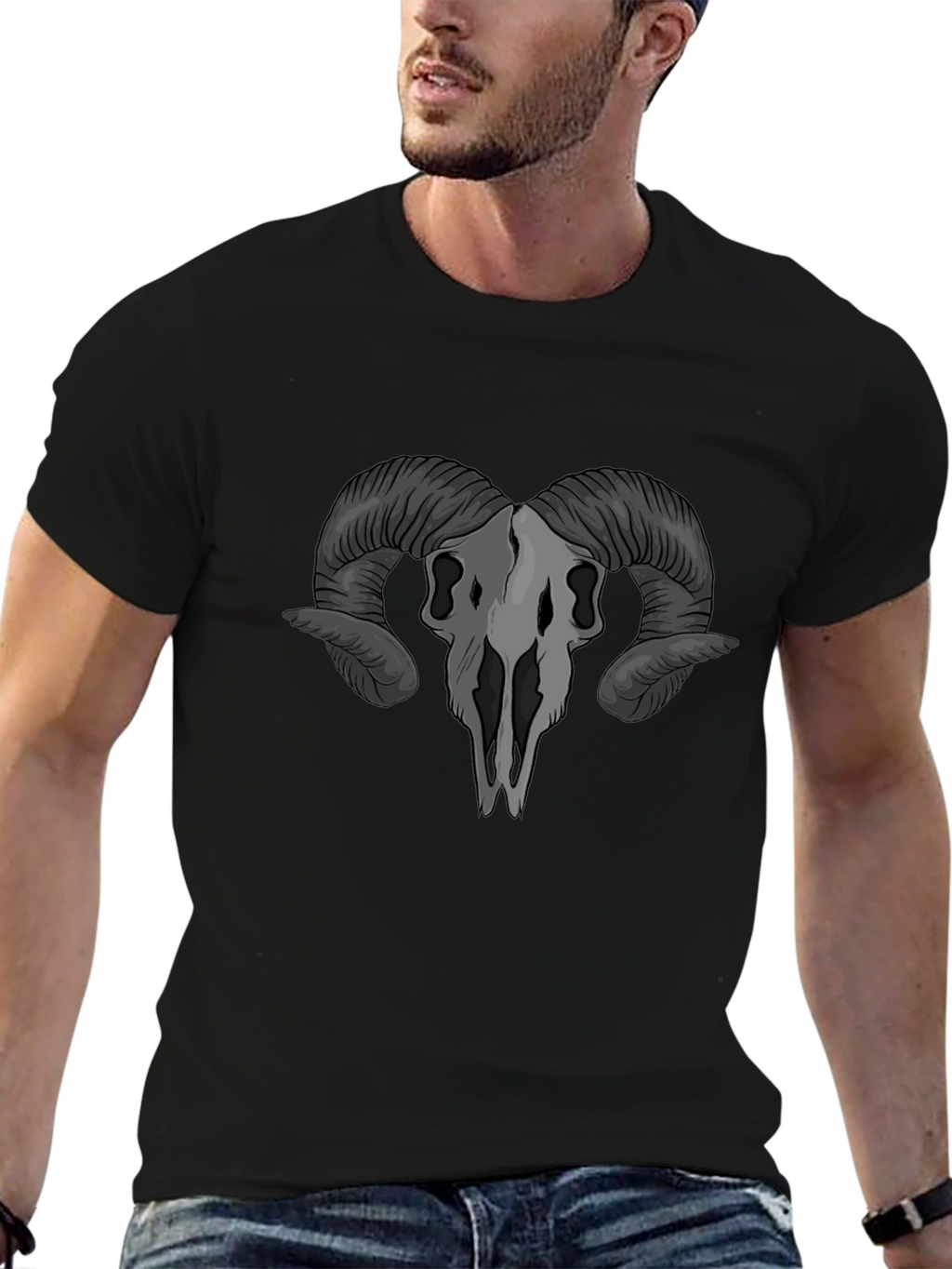 Ram Skull Graphic T-Shirt - Gothic Style