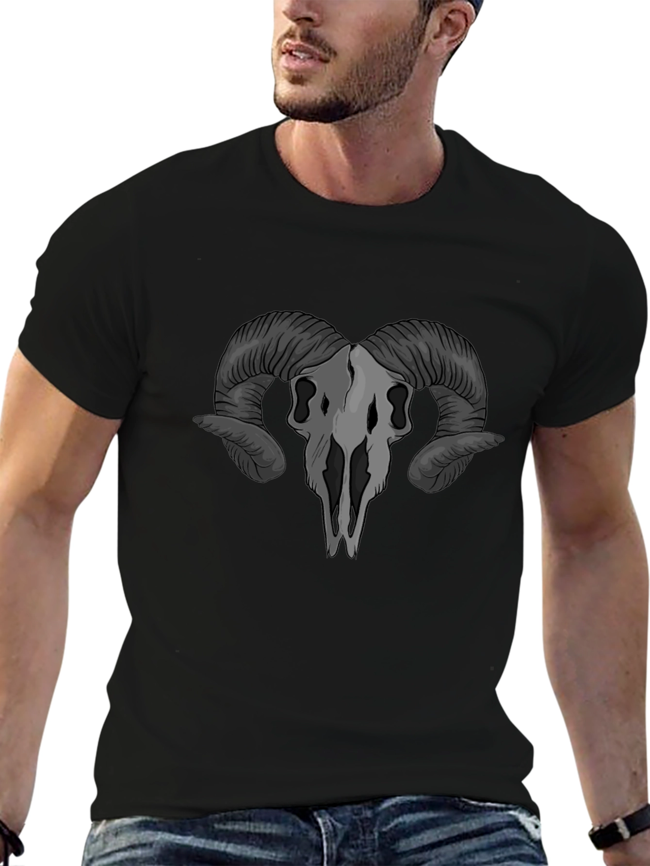 Ram Skull Graphic T-Shirt - Gothic Style