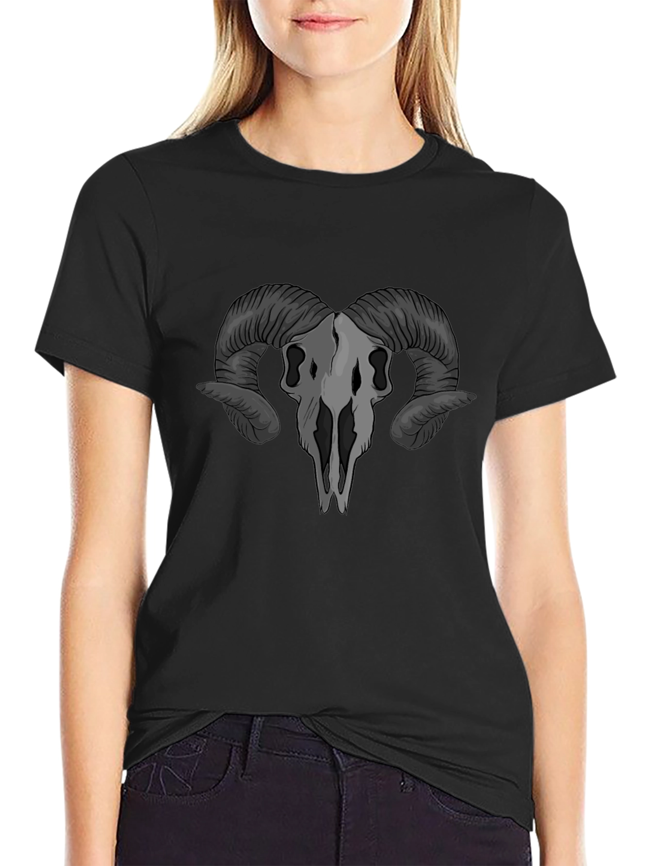 Ram Skull Graphic T-Shirt - Gothic Style