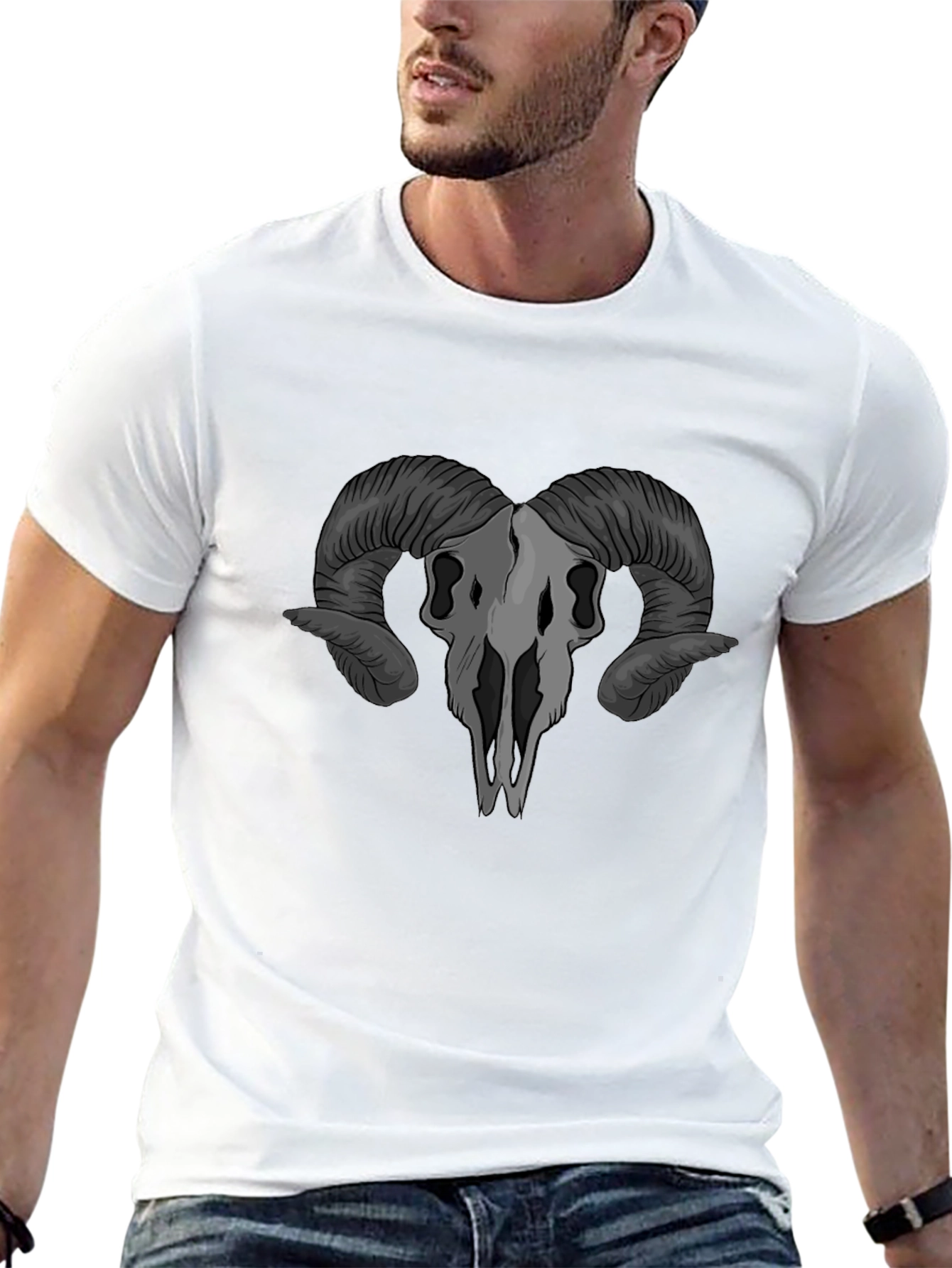 Ram Skull Graphic T-Shirt - Gothic Style