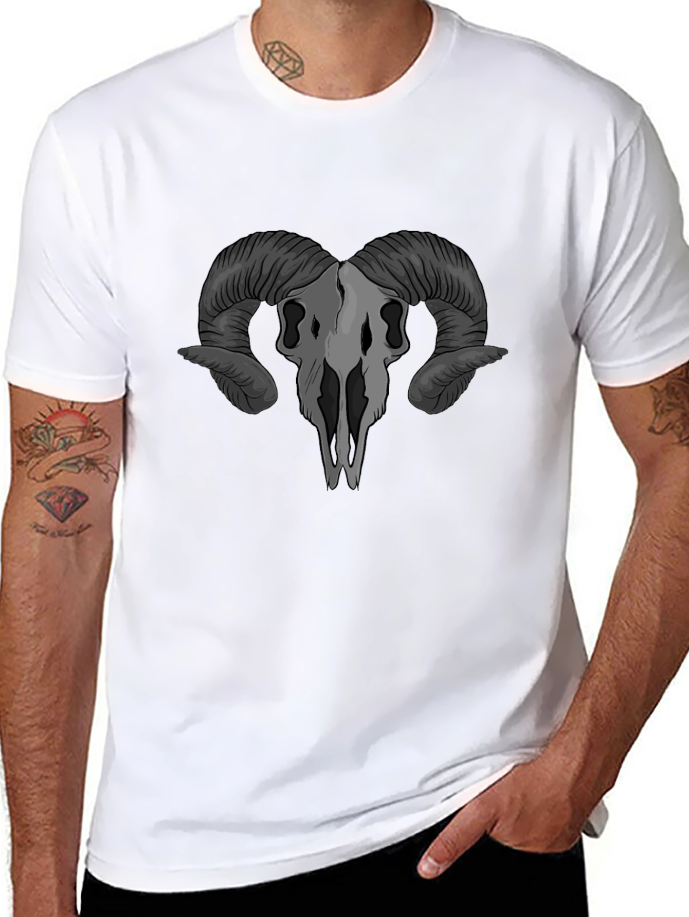 Ram Skull Graphic T-Shirt - Gothic Style