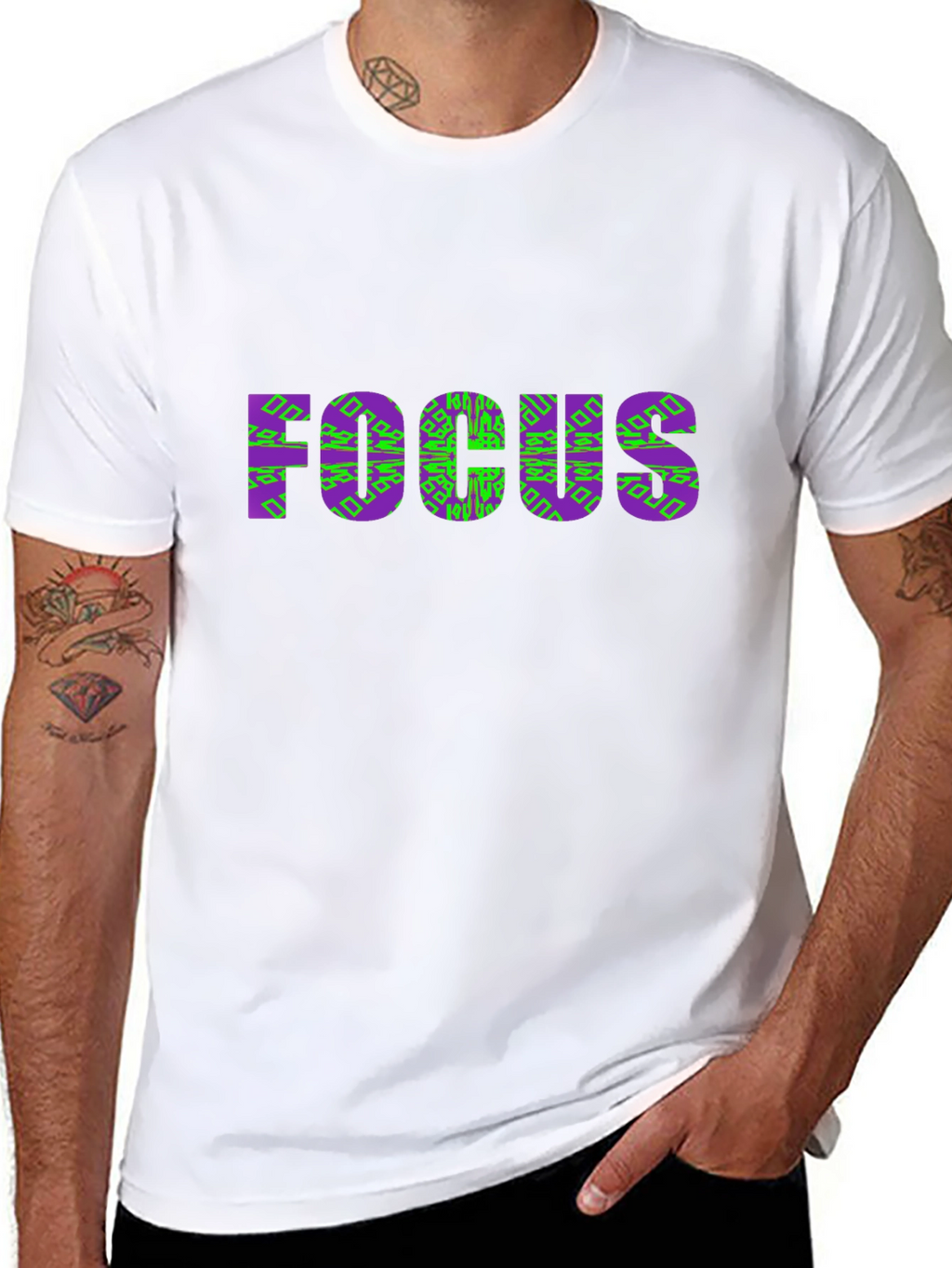 Focus Graphic Tee - Stylish Purple & Green Design