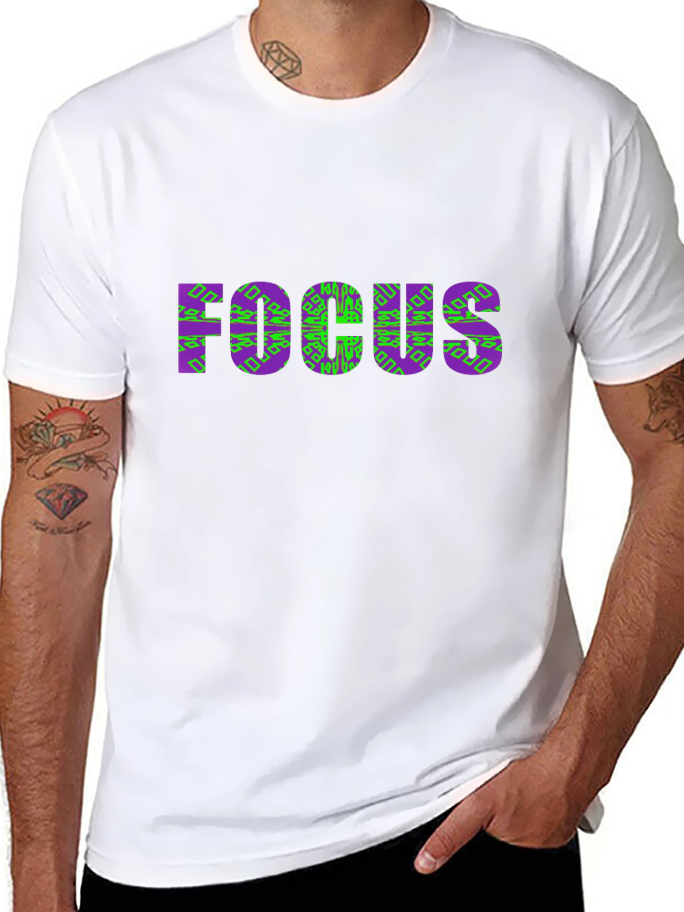 Focus Graphic Tee - Stylish Purple & Green Design