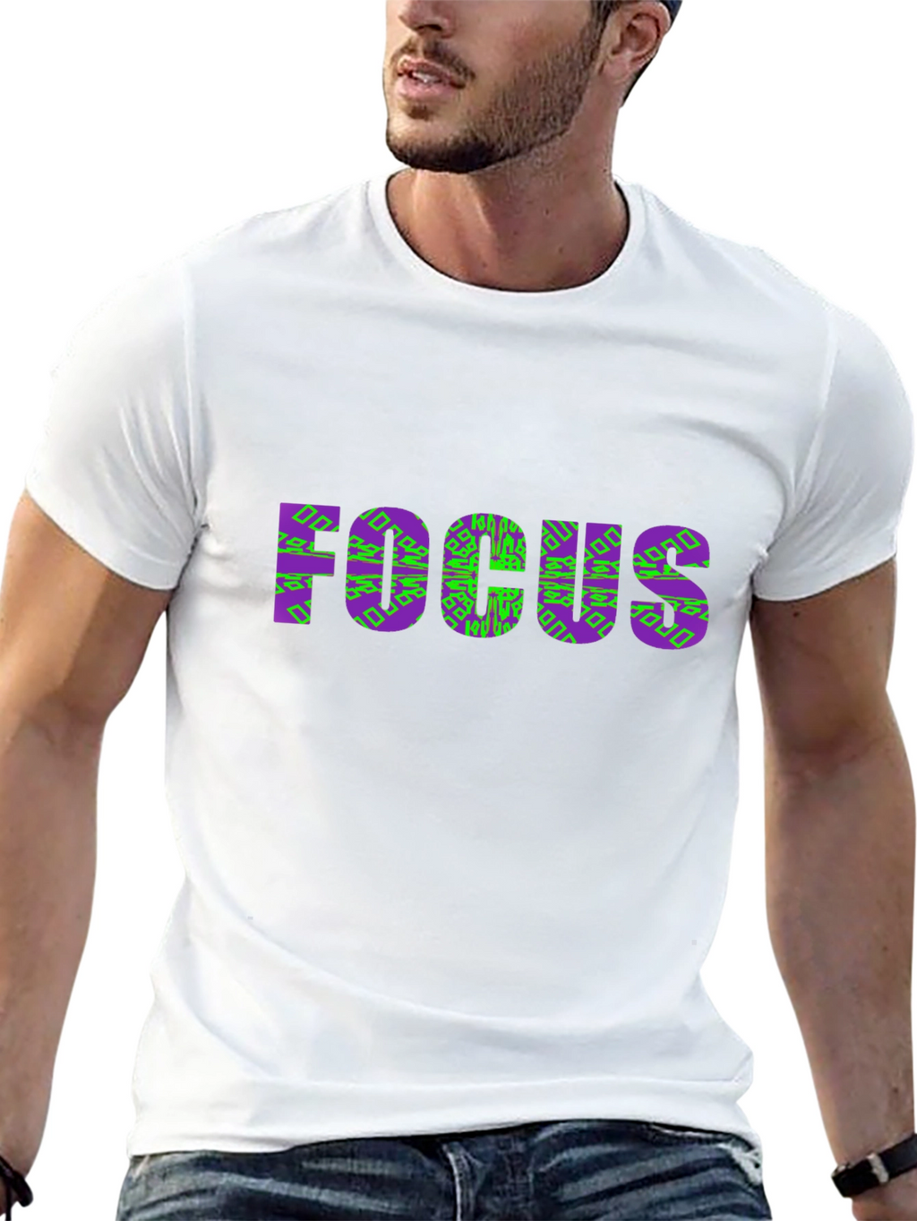 Focus Graphic Tee - Stylish Purple & Green Design