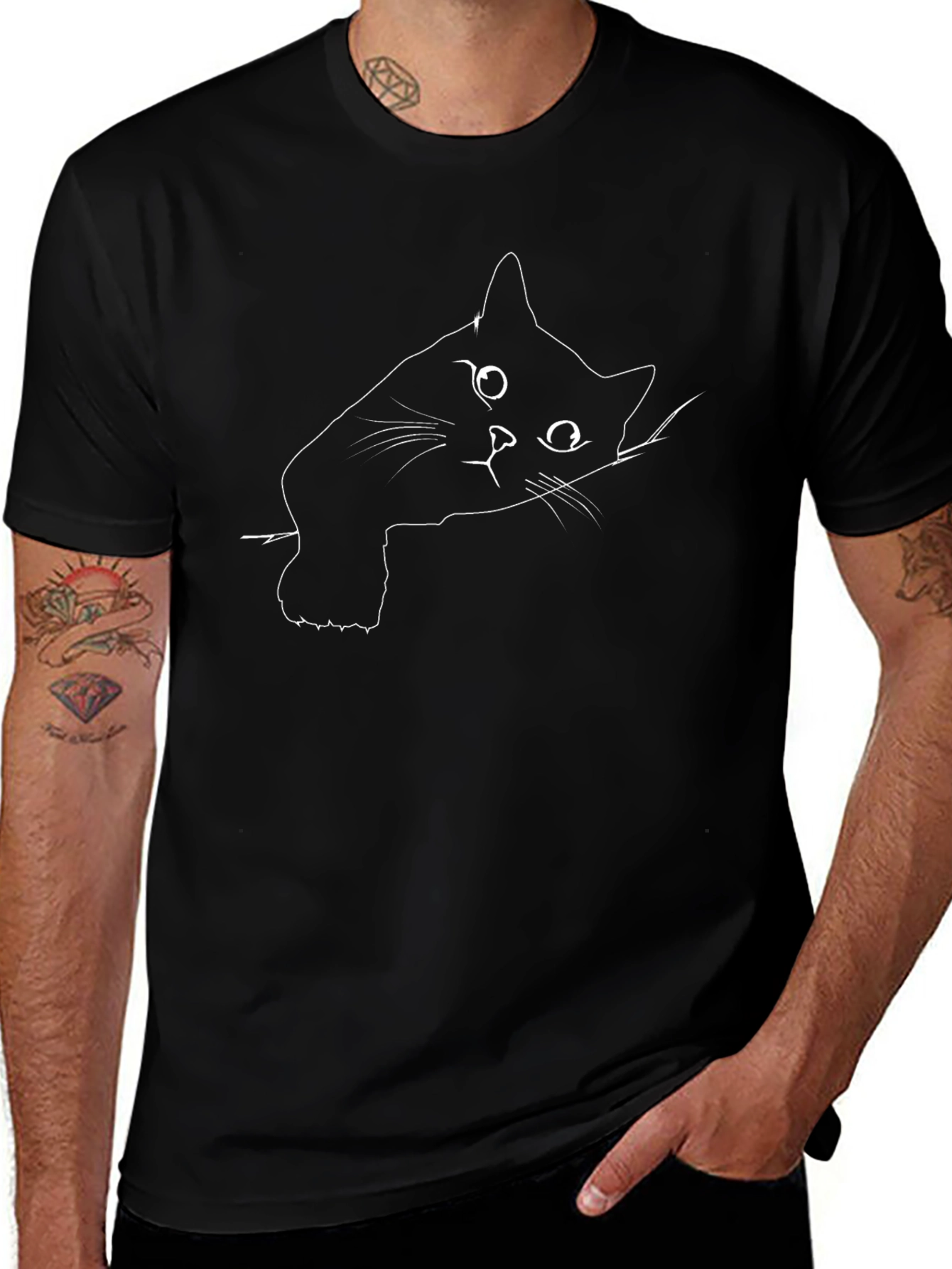 Black Cat Line Art Graphic Tee - Mens