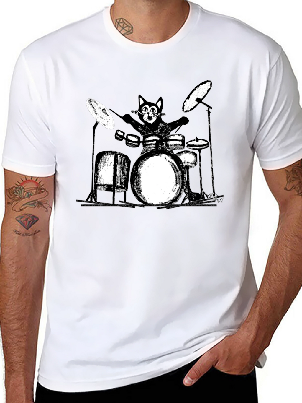 Cool Cat Drummer T-Shirt - Black
