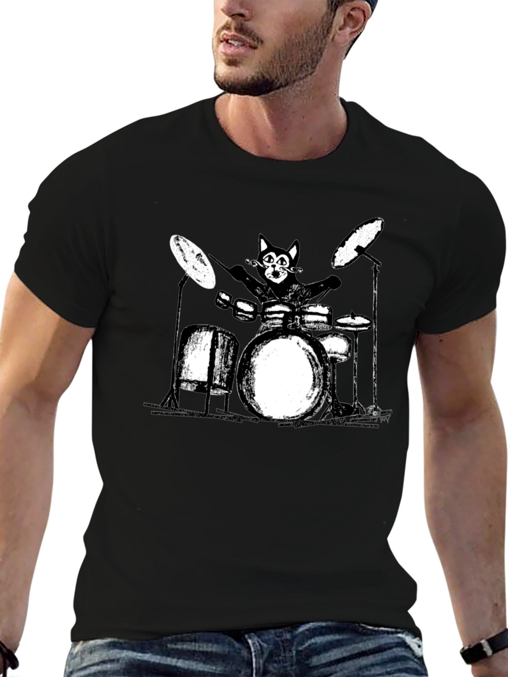 Cool Cat Drummer T-Shirt - Black