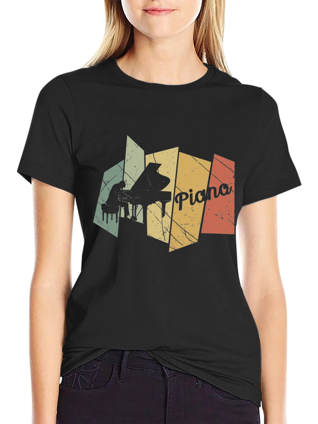 Retro Piano Player Graphic Black T-Shirt