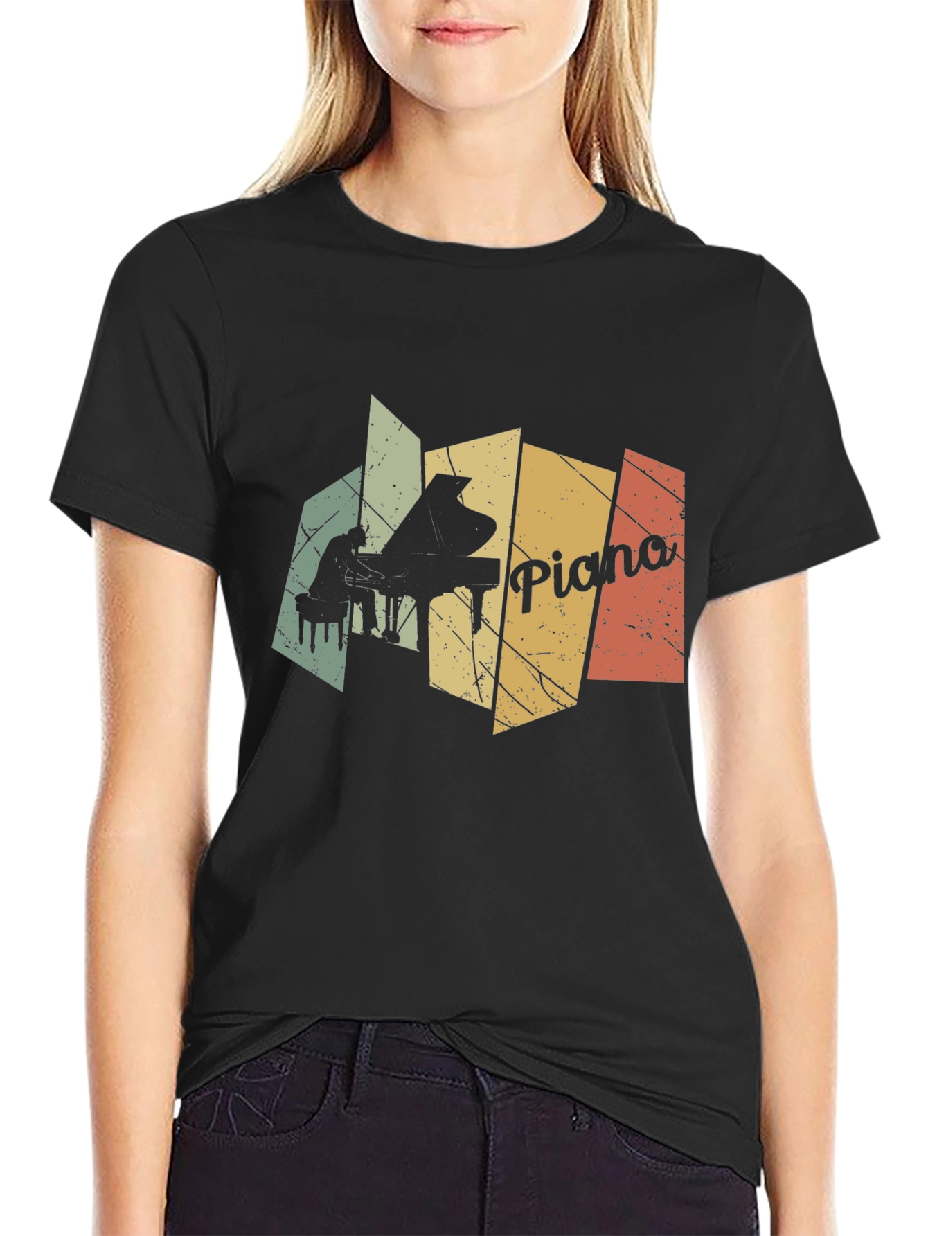 Retro Piano Player Graphic Black T-Shirt