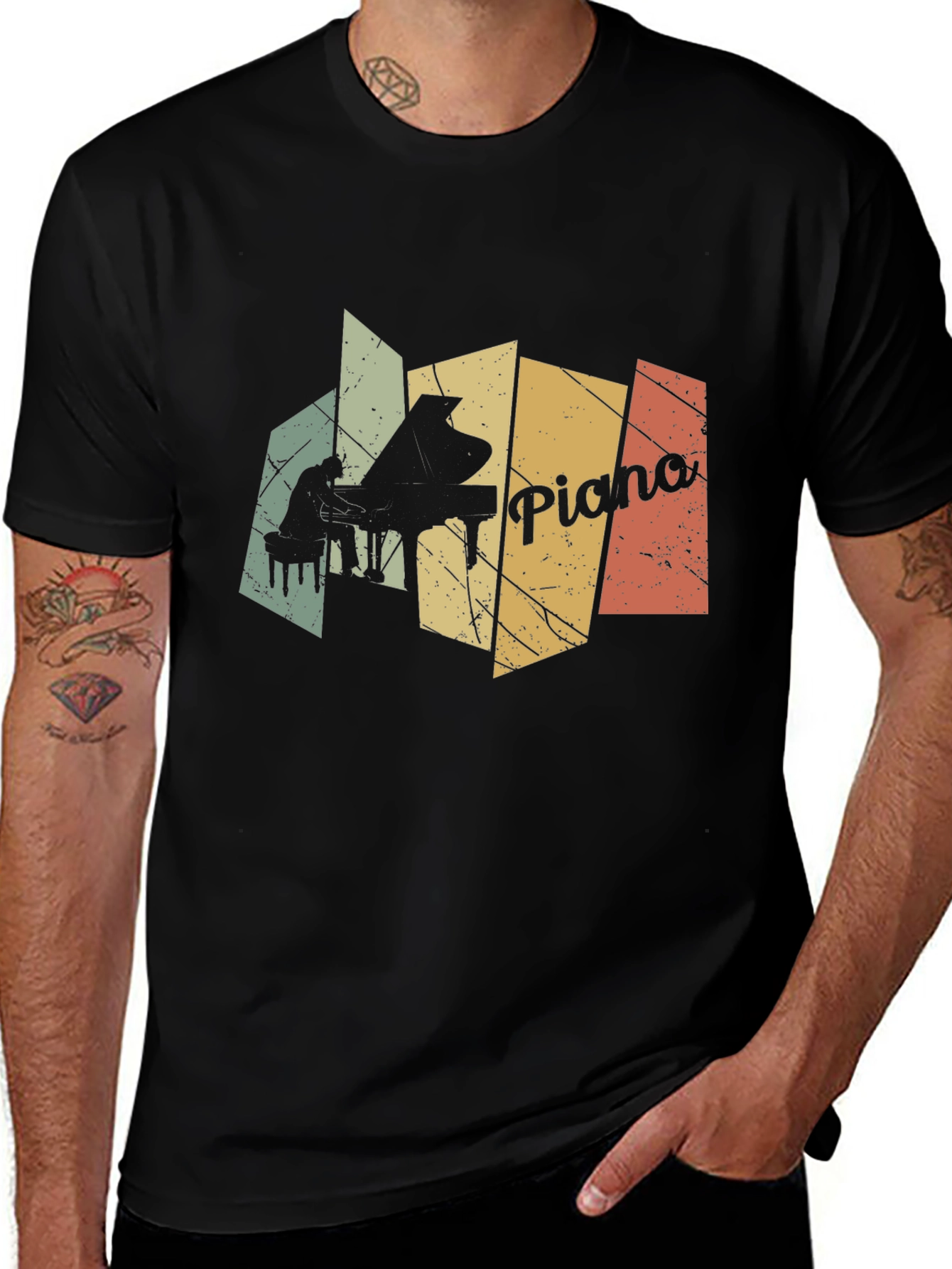 Retro Piano Player Graphic Black T-Shirt