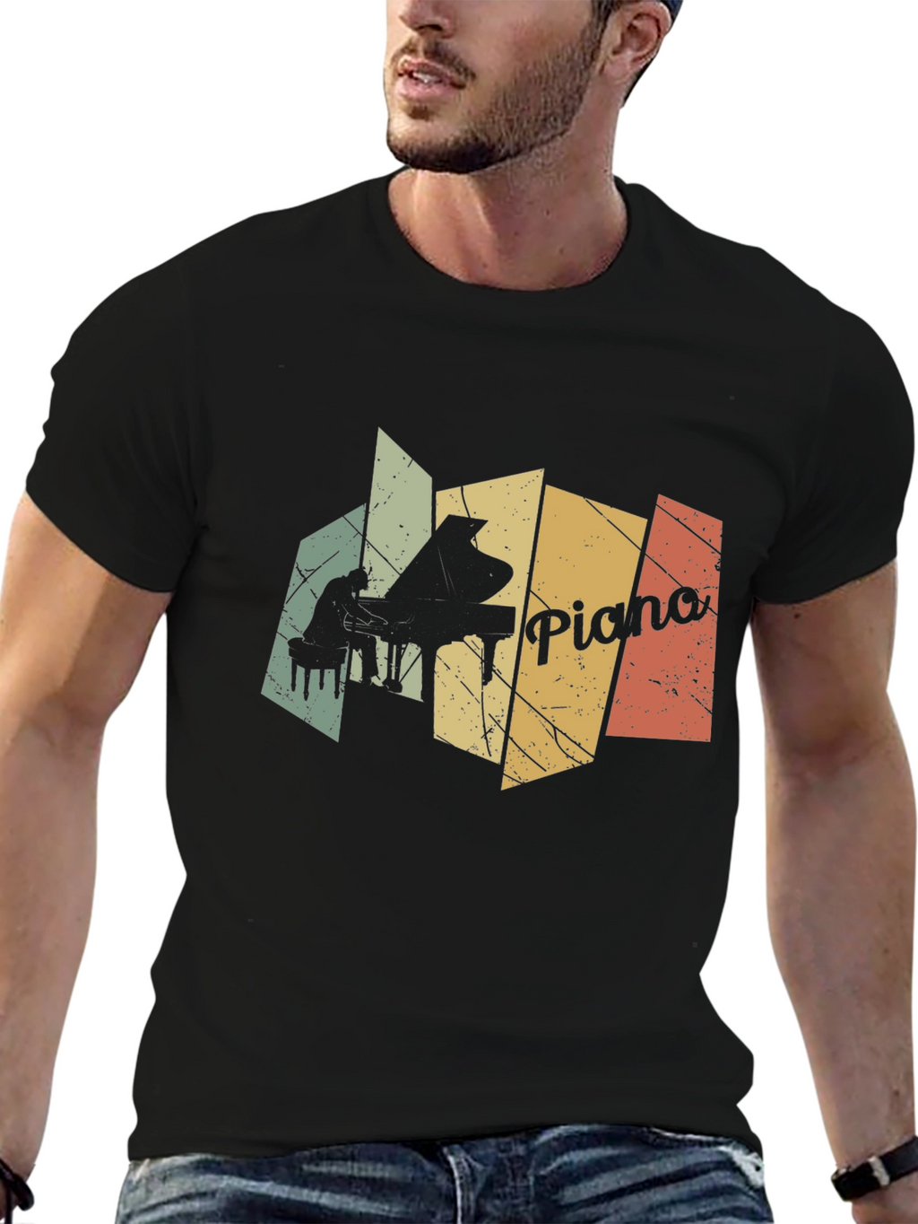 Retro Piano Player Graphic Black T-Shirt