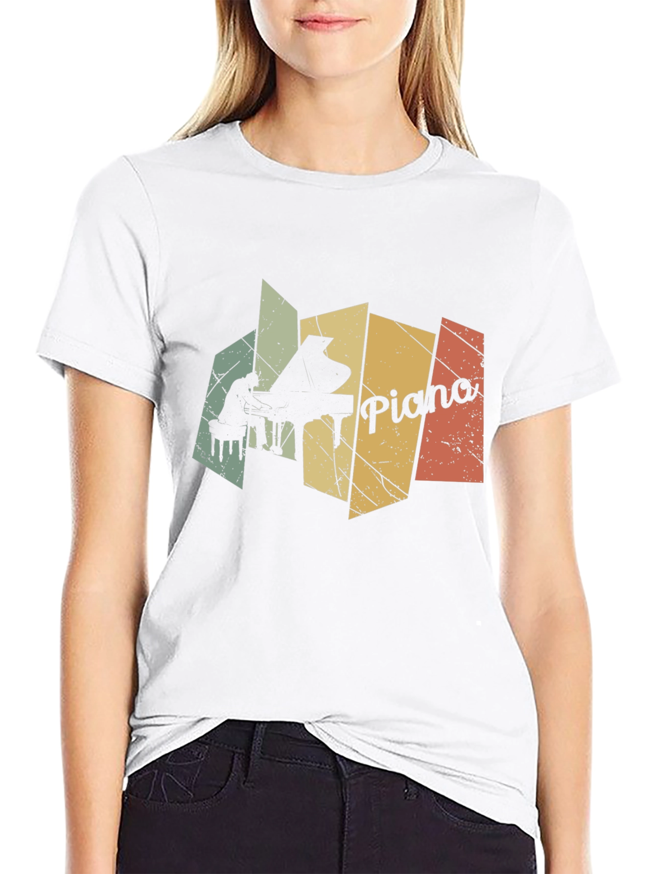 Retro Piano Player Graphic Black T-Shirt