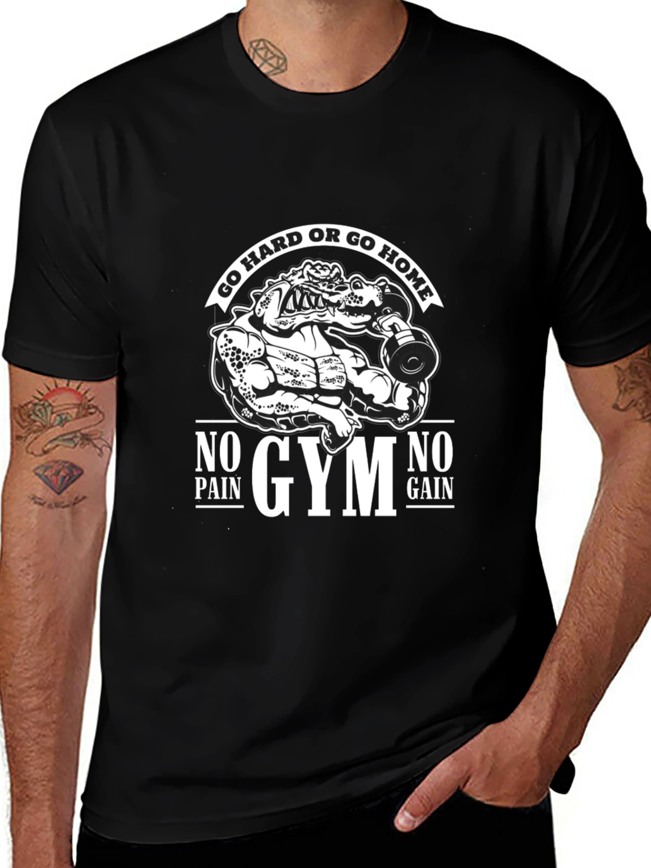 Gym Motivation Graphic Tee - No Pain No Gain Alligator Design