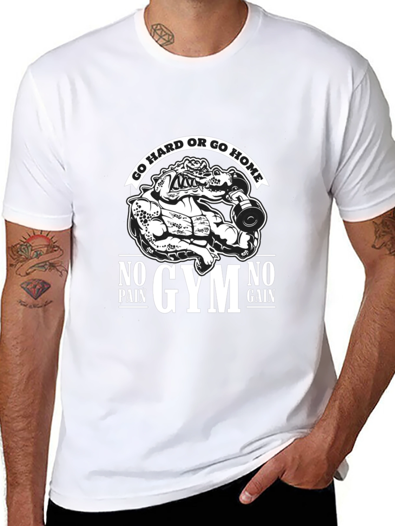 Gym Motivation Graphic Tee - No Pain No Gain Alligator Design