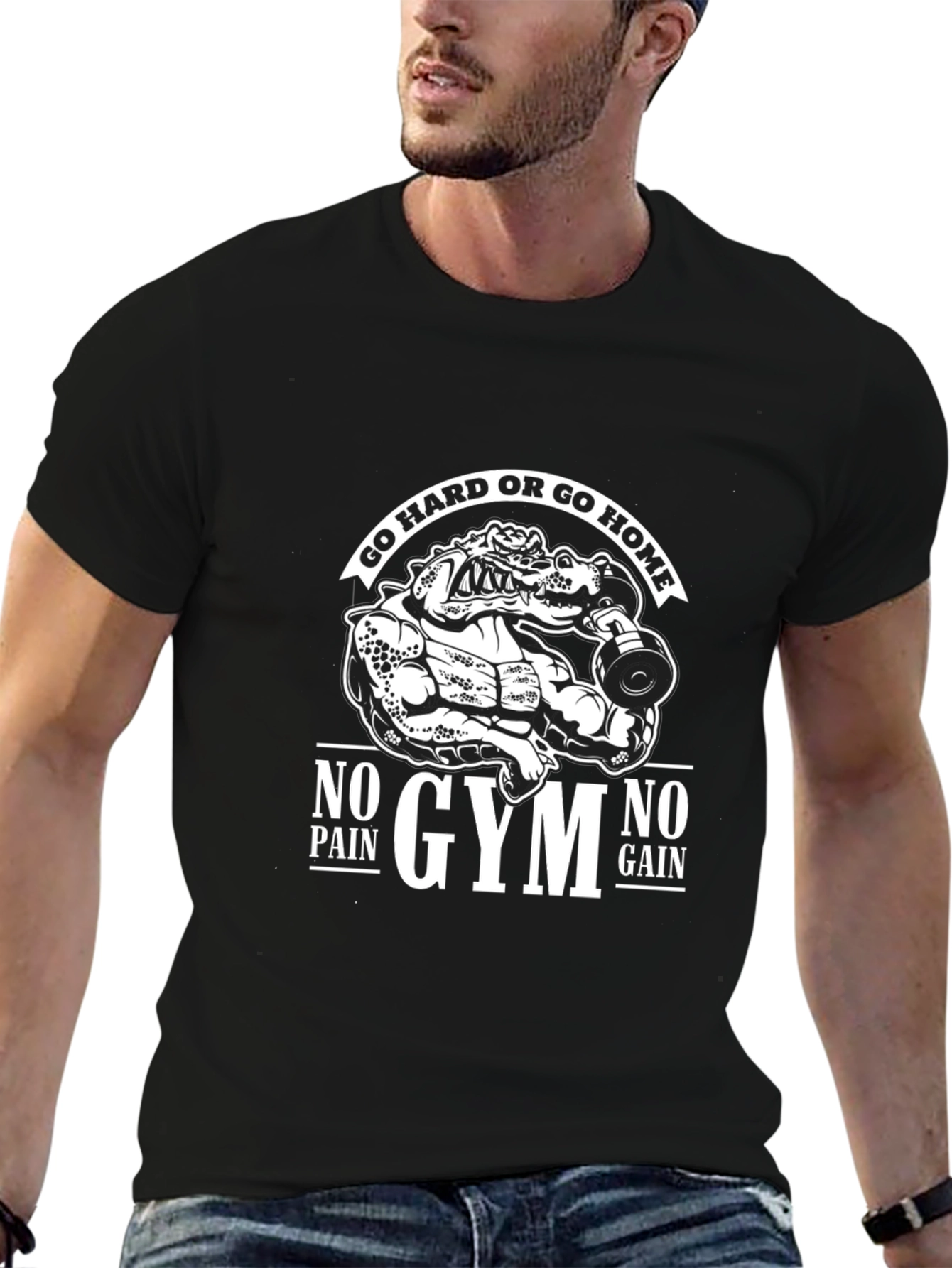 Gym Motivation Graphic Tee - No Pain No Gain Alligator Design