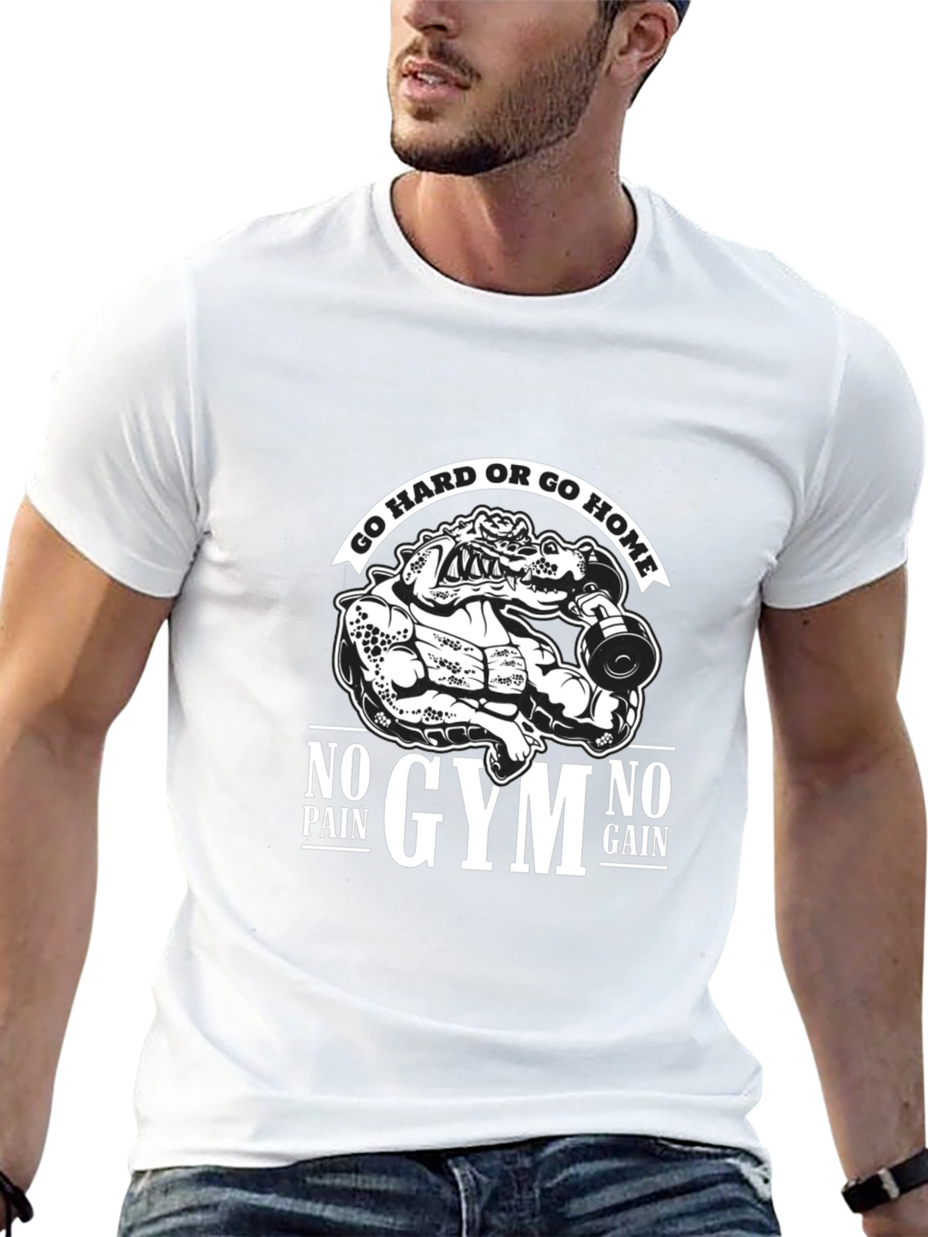 Gym Motivation Graphic Tee - No Pain No Gain Alligator Design